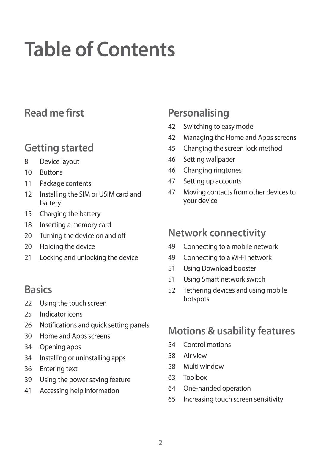 Samsung SM-G900FZWADBT, SM-G900FZKADBT, SM-G900FZBADBT, SM-G900FZDADBT, SM-G900FZWABOG, SM-G900FZKABOG manual Table of Contents 