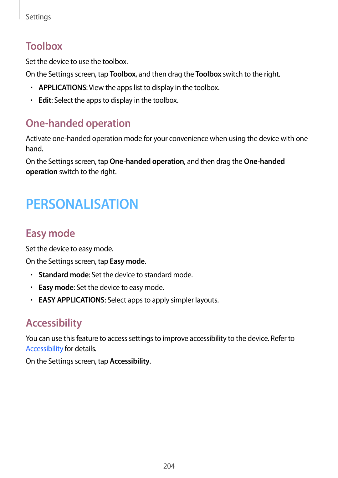 Samsung SM-G900FZWAVDH, SM-G900FZKADBT, SM-G900FZBADBT manual Toolbox, One-handed operation, Easy mode, Accessibility 