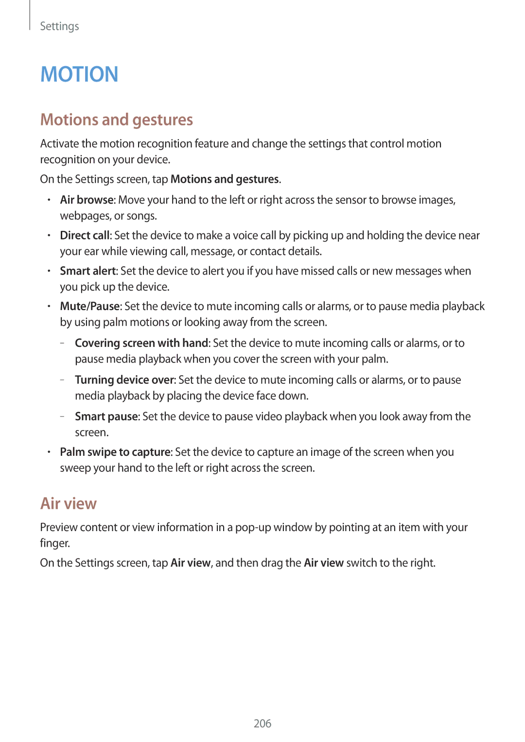 Samsung SM2G900FZKAORX, SM-G900FZKADBT, SM-G900FZBADBT, SM-G900FZWADBT, SM-G900FZDADBT manual Motions and gestures, Air view 