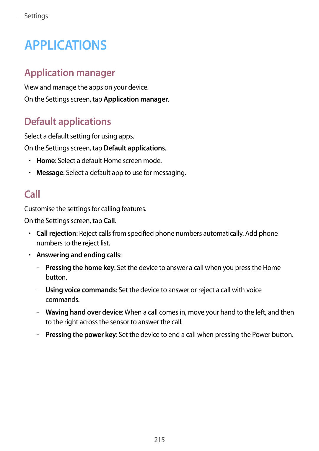 Samsung SM-G900FZDAORX, SM-G900FZKADBT manual Application manager, Default applications, Call, Answering and ending calls 