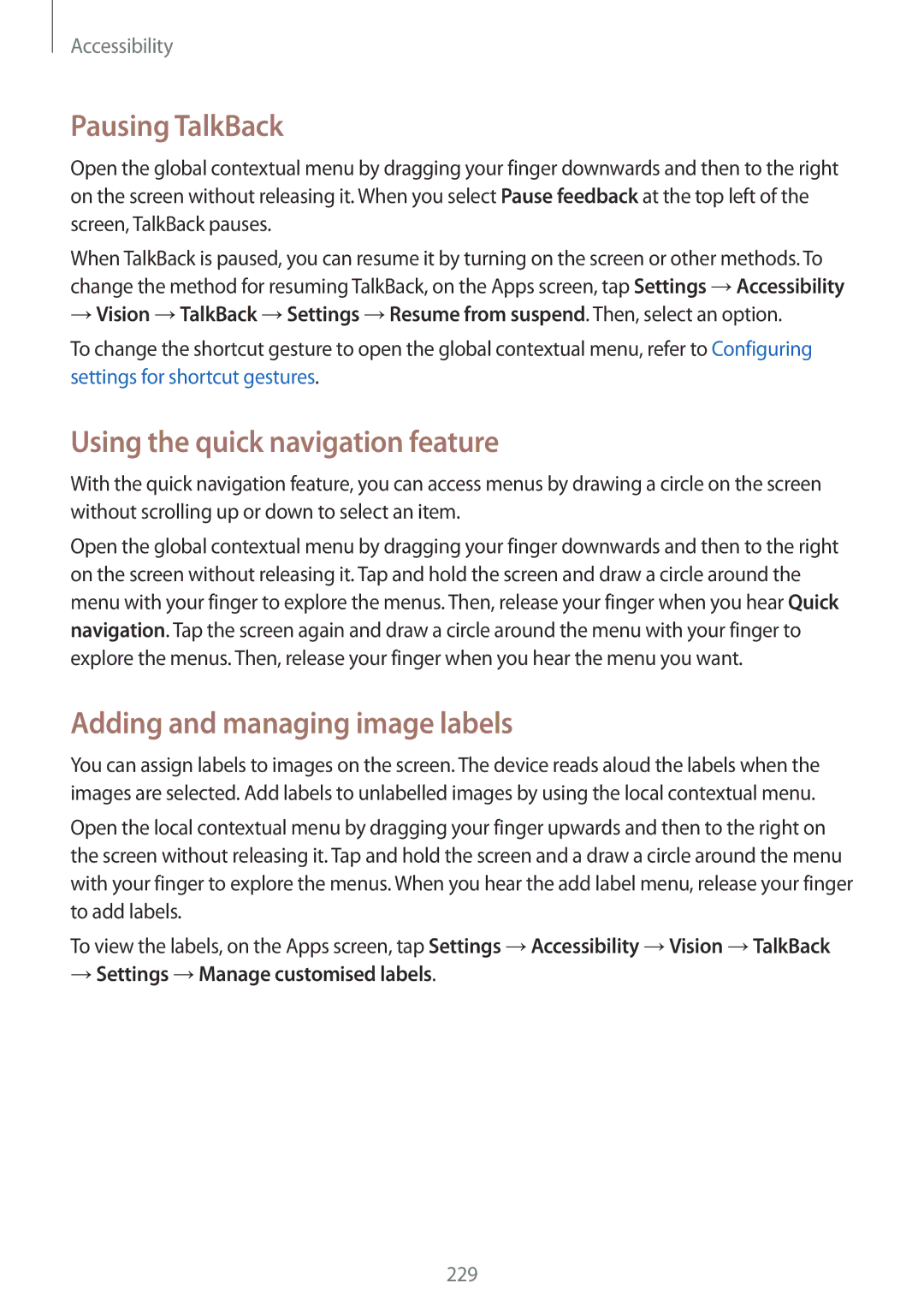 Samsung SM-G900FZWAORX manual Pausing TalkBack, Using the quick navigation feature, Adding and managing image labels 