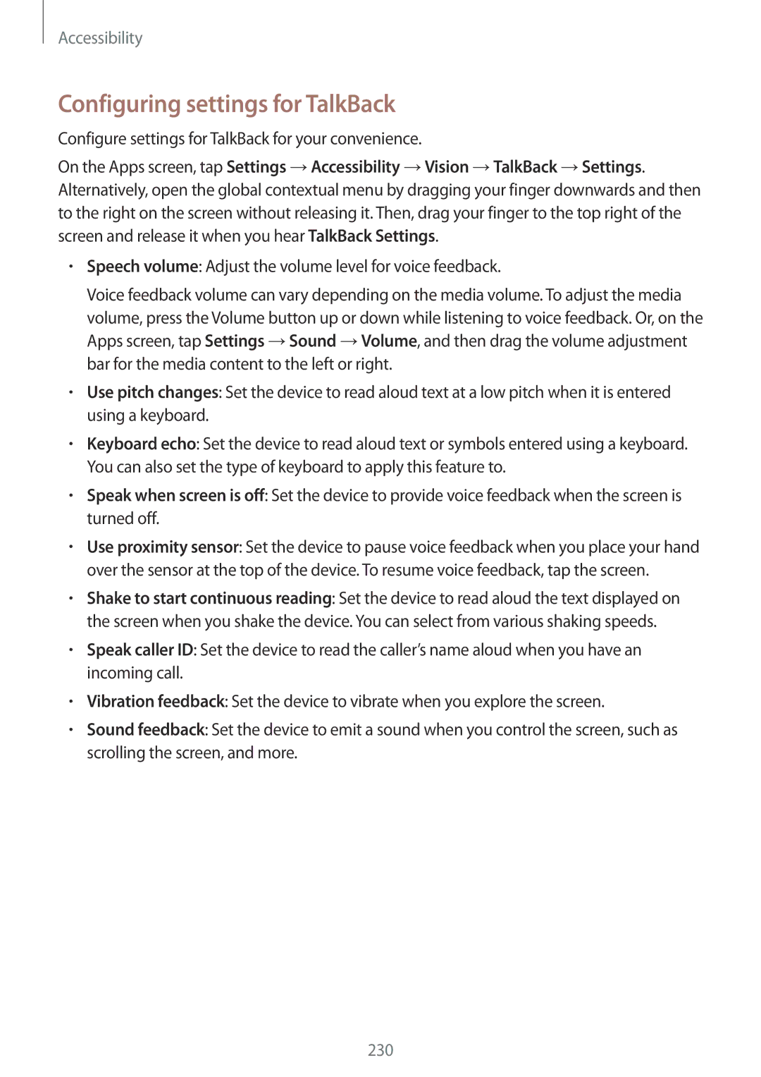 Samsung SM-G900FZWACOA manual Configuring settings for TalkBack, Configure settings for TalkBack for your convenience 