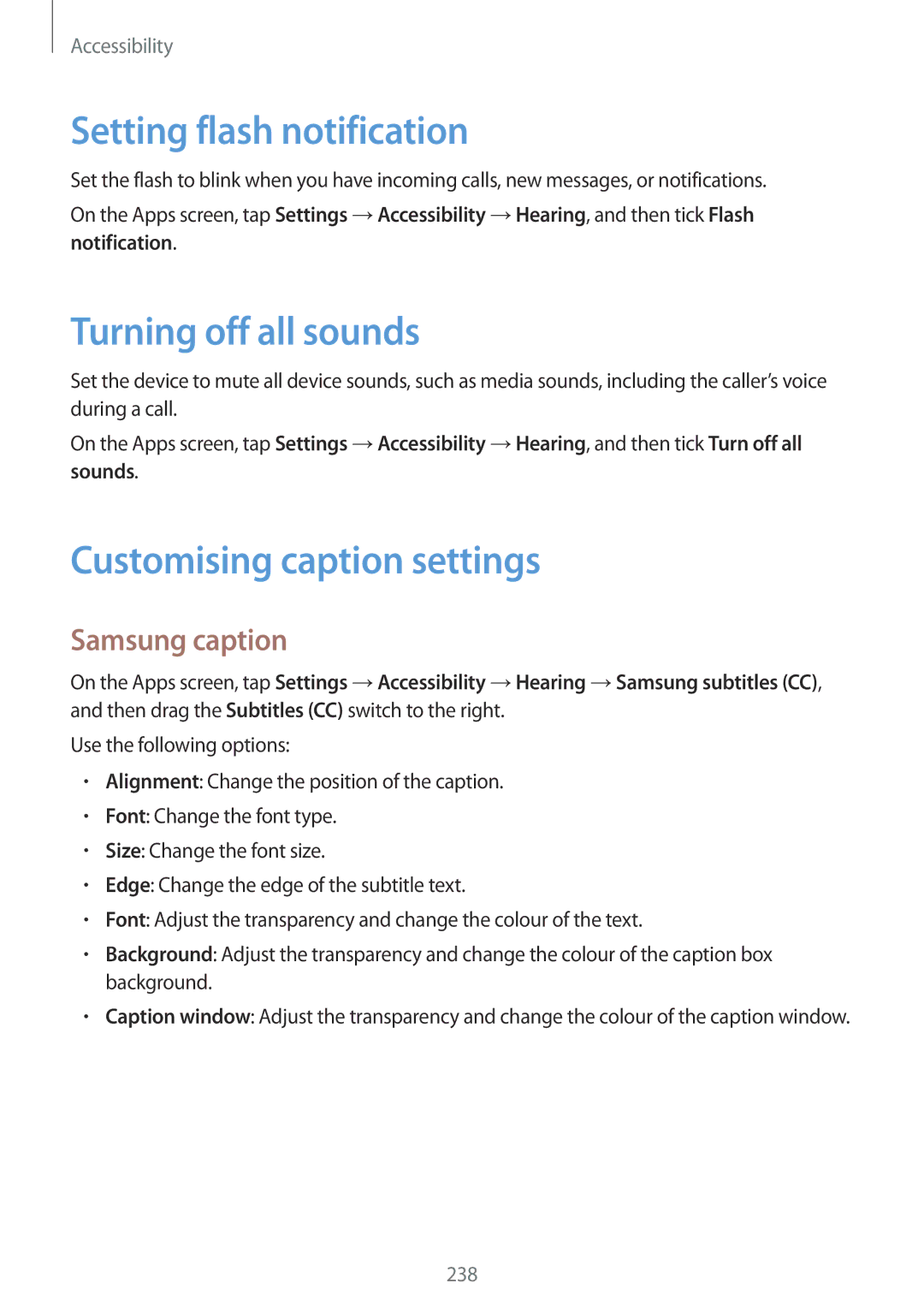 Samsung SM2G900FZWAORX Setting flash notification, Turning off all sounds, Customising caption settings, Samsung caption 