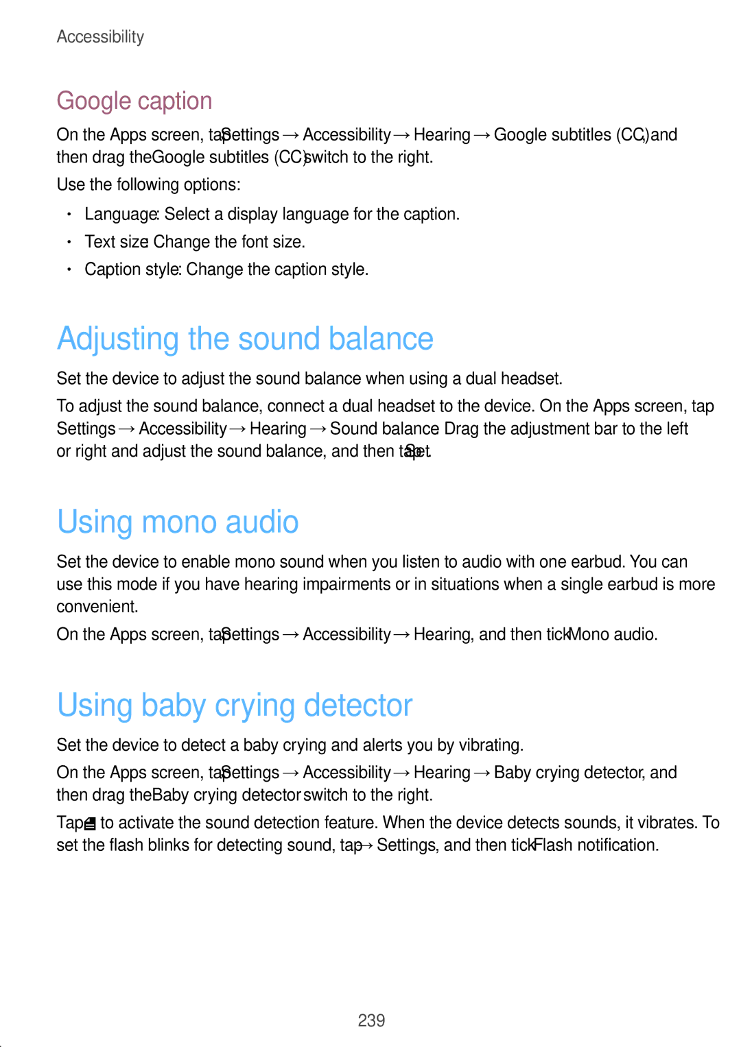 Samsung SM2G900FZKATMZ manual Adjusting the sound balance, Using mono audio, Using baby crying detector, Google caption 