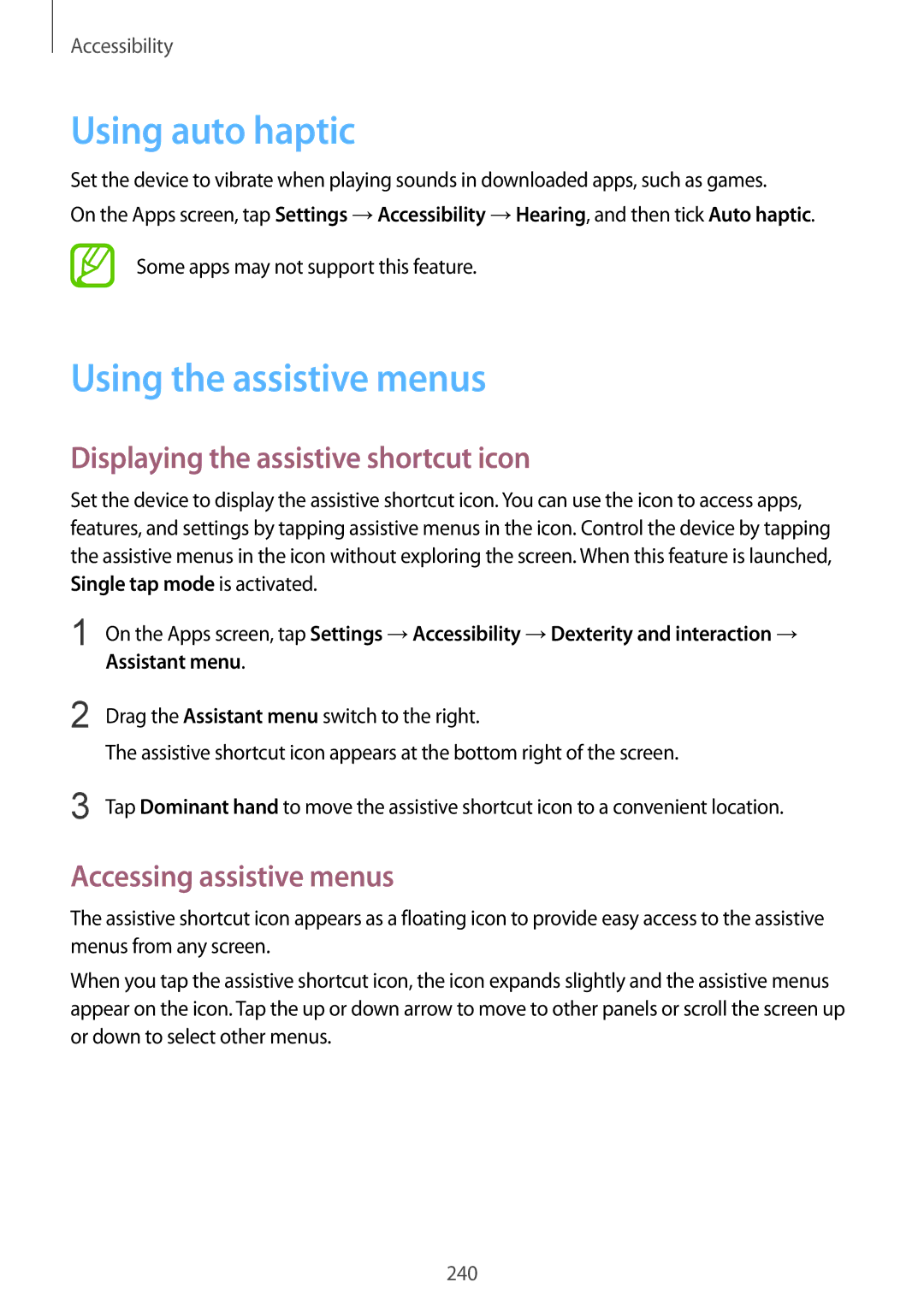 Samsung SM-G900FZWATMH manual Using auto haptic, Using the assistive menus, Displaying the assistive shortcut icon 