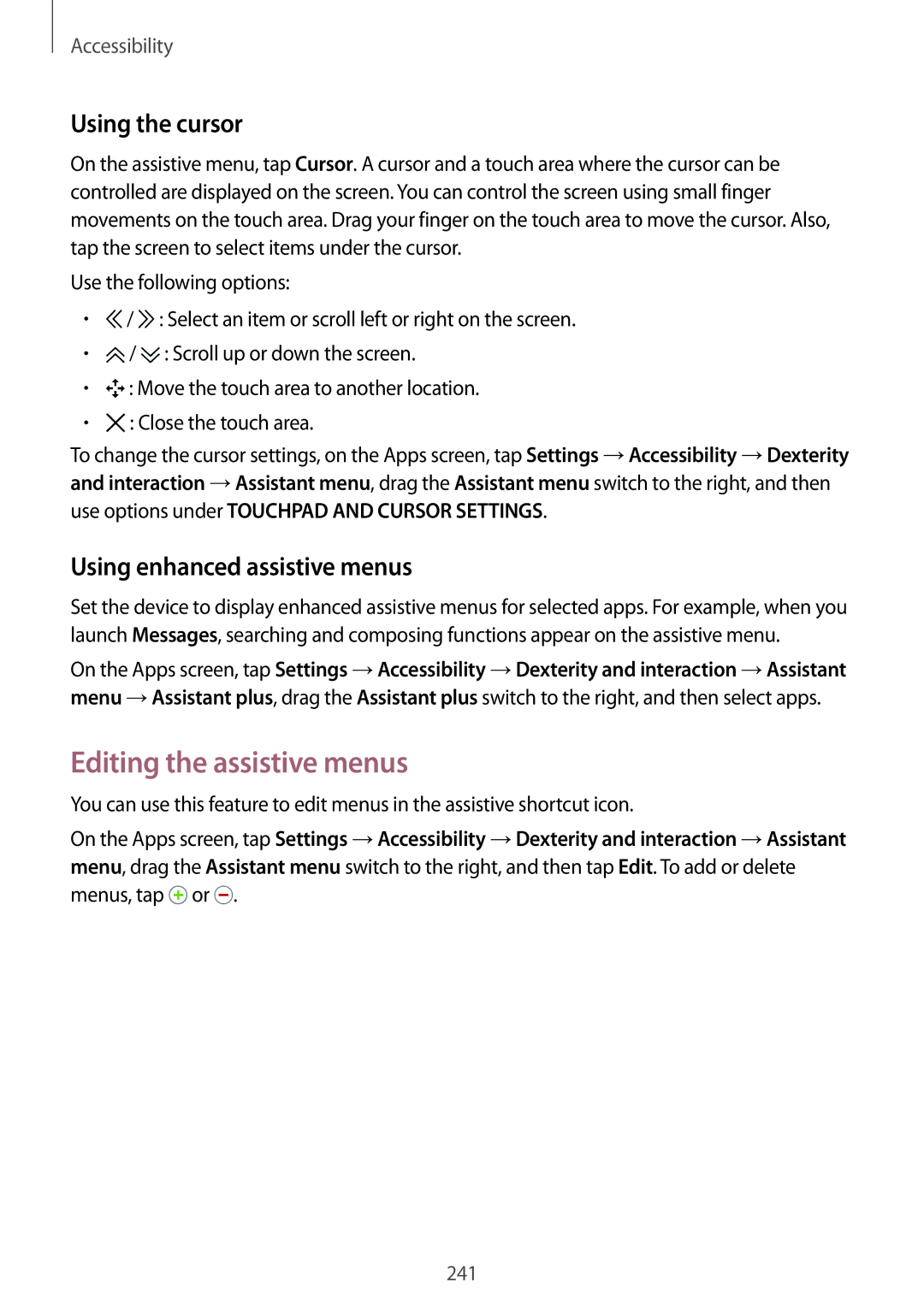 Samsung SM-G900FZWAPAN, SM-G900FZKADBT manual Editing the assistive menus, Using the cursor, Using enhanced assistive menus 