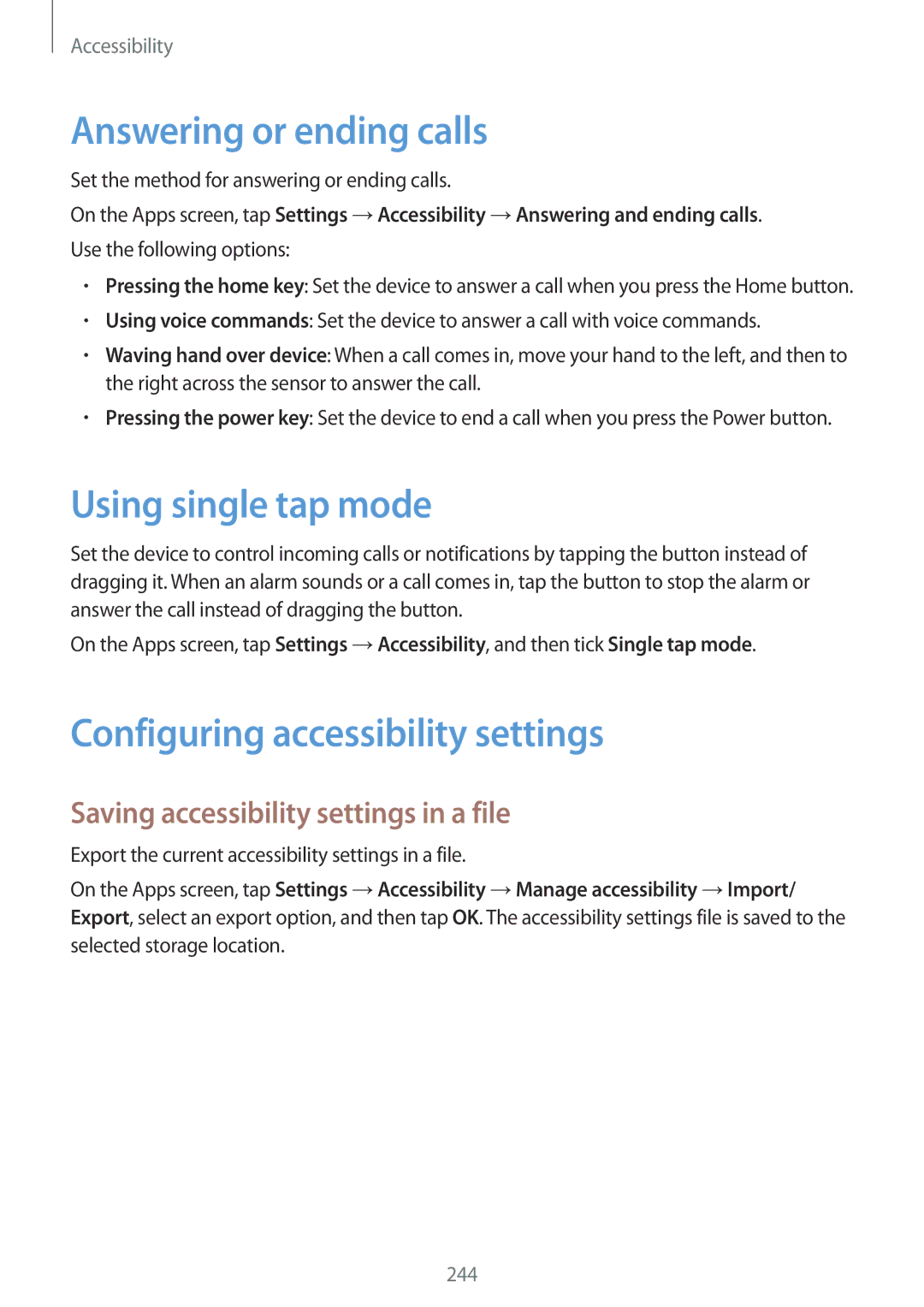 Samsung SM-G900FZBATMH manual Answering or ending calls, Using single tap mode, Configuring accessibility settings 