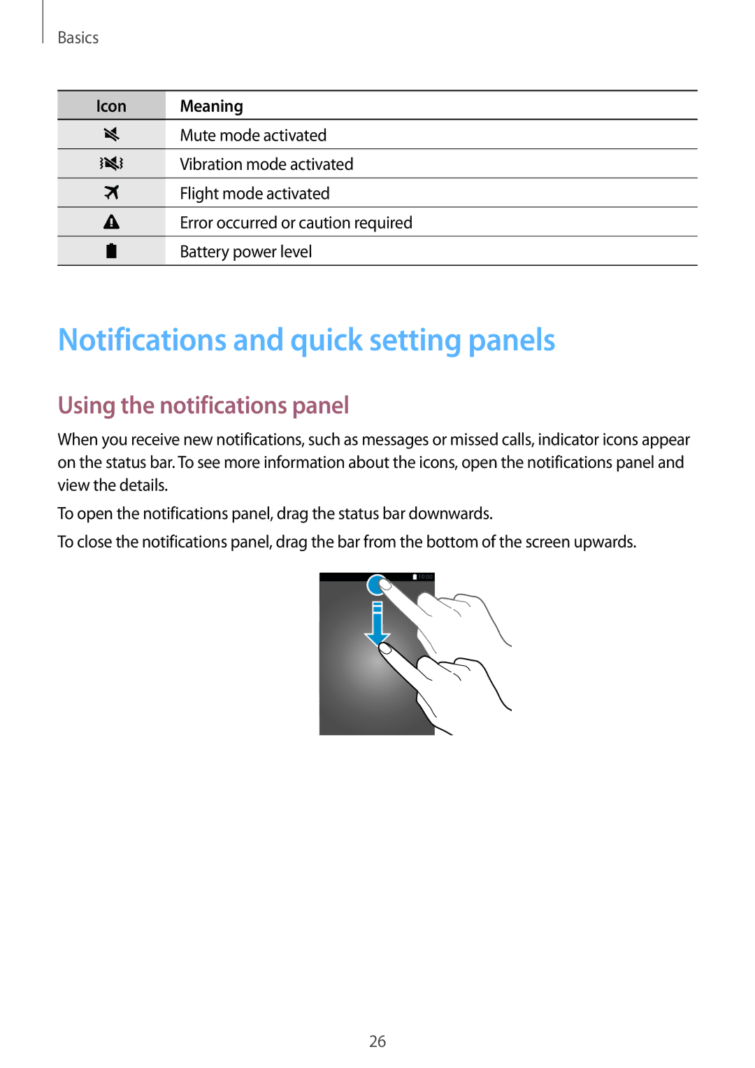 Samsung SM-G900FZWAETL, SM-G900FZKADBT manual Notifications and quick setting panels, Using the notifications panel 