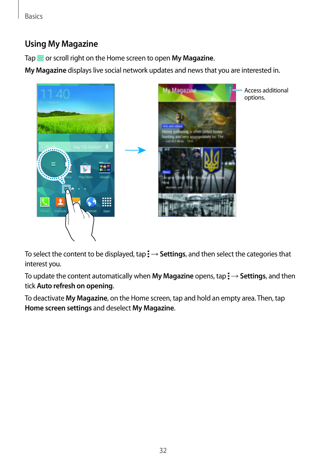 Samsung SM-G900FZBAROM, SM-G900FZKADBT, SM-G900FZBADBT, SM-G900FZWADBT, SM-G900FZDADBT, SM-G900FZWABOG manual Using My Magazine 