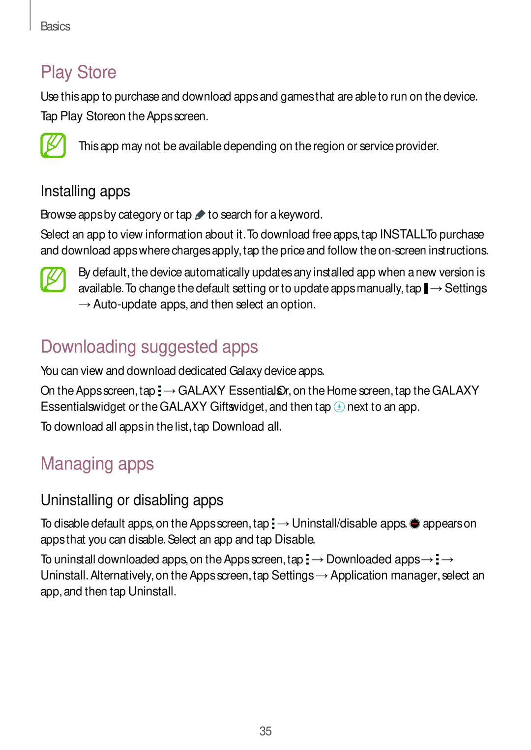 Samsung SM-G900FZBAITV manual Play Store, Downloading suggested apps, Managing apps, Uninstalling or disabling apps 