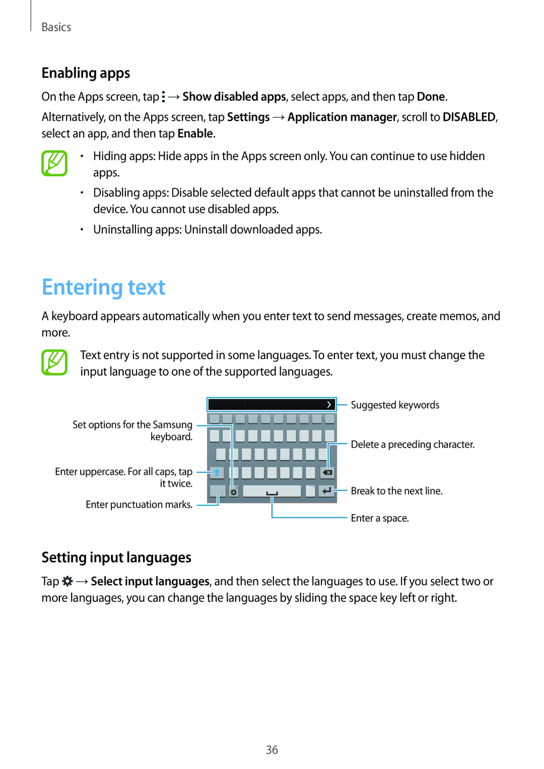 Samsung SM-G900FZBATIM, SM-G900FZKADBT, SM-G900FZBADBT, SM-G900FZWADBT Entering text, Enabling apps, Setting input languages 