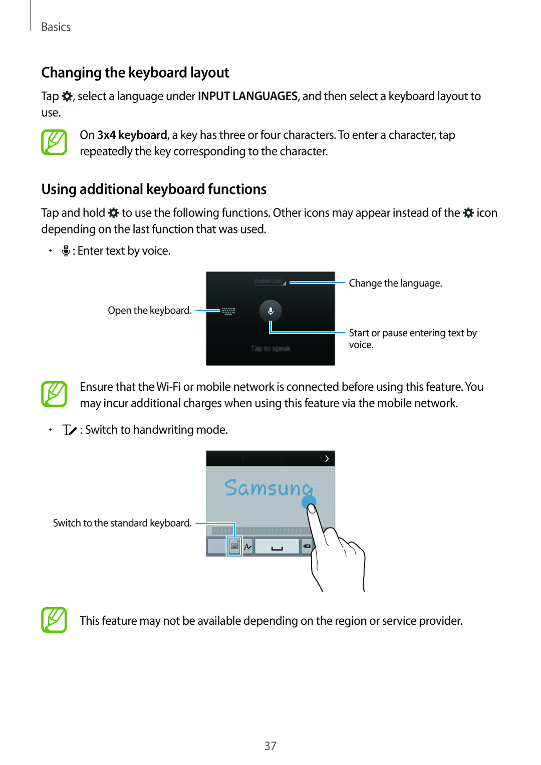 Samsung SM-G900FZKAHUI manual Changing the keyboard layout, Using additional keyboard functions, Switch to handwriting mode 