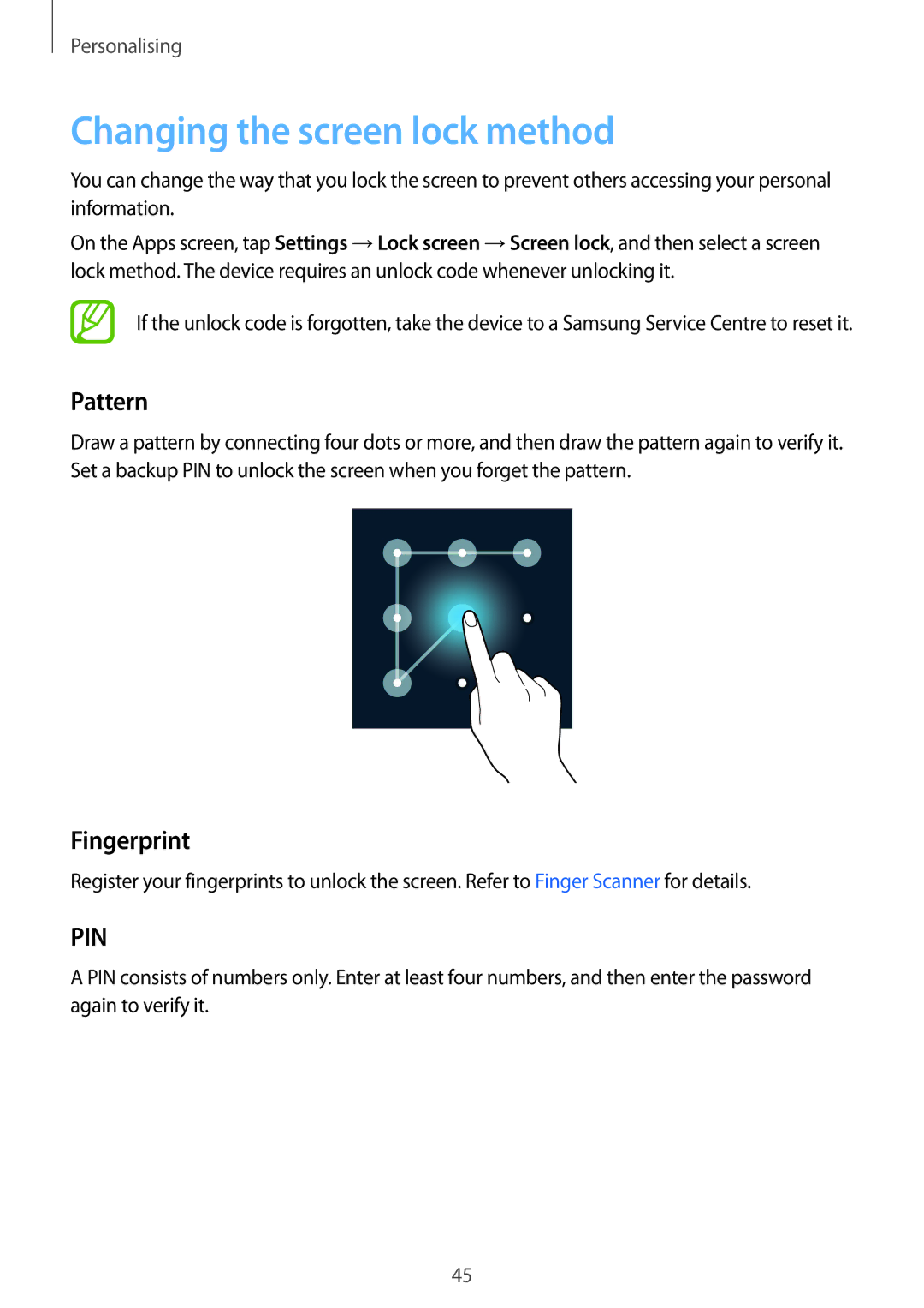 Samsung SM-G900FZKAIDE, SM-G900FZKADBT, SM-G900FZBADBT, SM-G900FZWADBT Changing the screen lock method, Pattern, Fingerprint 