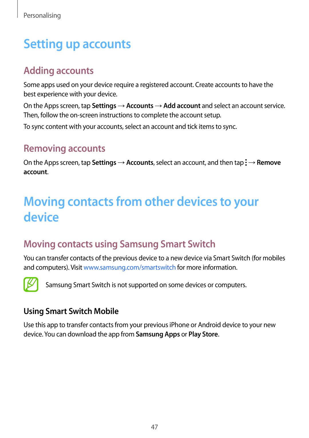 Samsung SM-G900FZWAIDE manual Setting up accounts, Moving contacts from other devices to your device, Adding accounts 