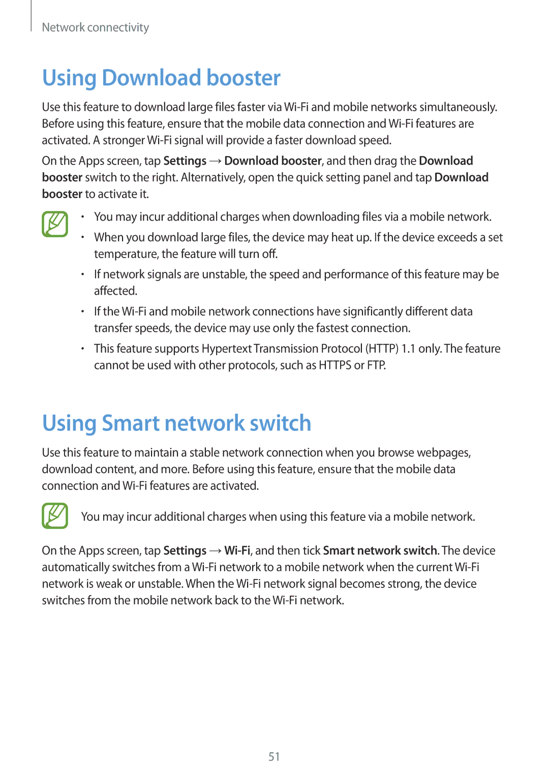 Samsung SM-G900FZKAITV, SM-G900FZKADBT, SM-G900FZBADBT, SM-G900FZWADBT Using Download booster, Using Smart network switch 