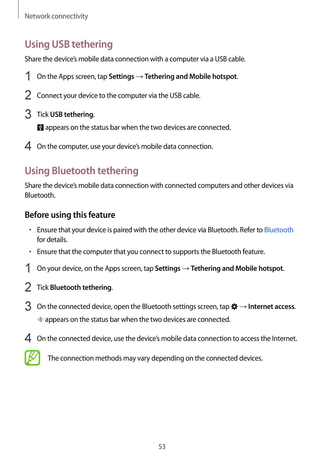 Samsung SM-G900FZKAAUT manual Using USB tethering, Using Bluetooth tethering, Tick USB tethering, Tick Bluetooth tethering 