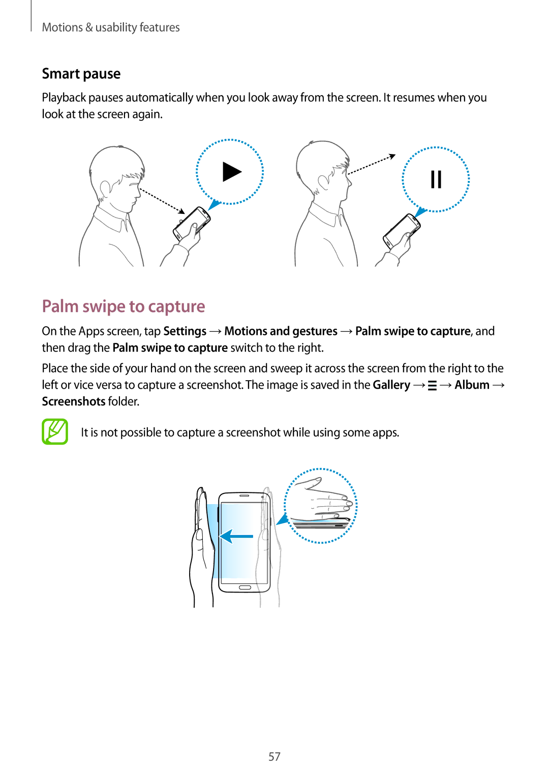 Samsung SM-G900FZWAPHN, SM-G900FZKADBT, SM-G900FZBADBT manual Palm swipe to capture, Smart pause, Screenshots folder 