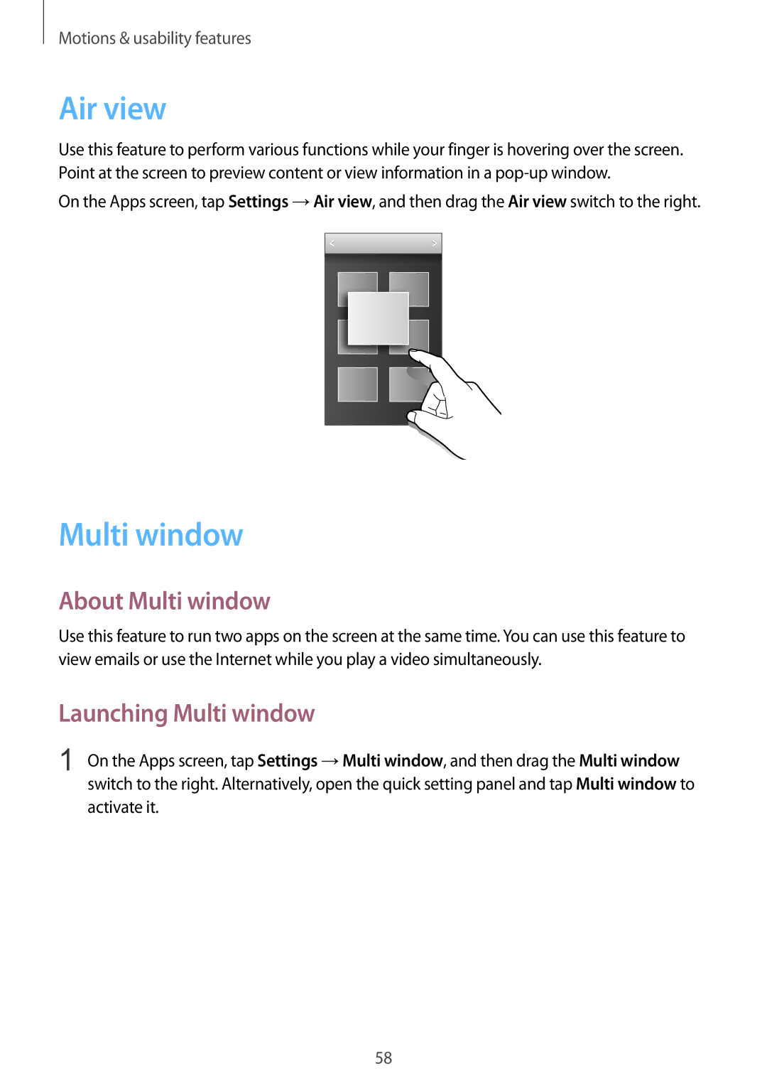 Samsung SM-G900FZKAPLS, SM-G900FZKADBT, SM-G900FZBADBT manual Air view, About Multi window, Launching Multi window 