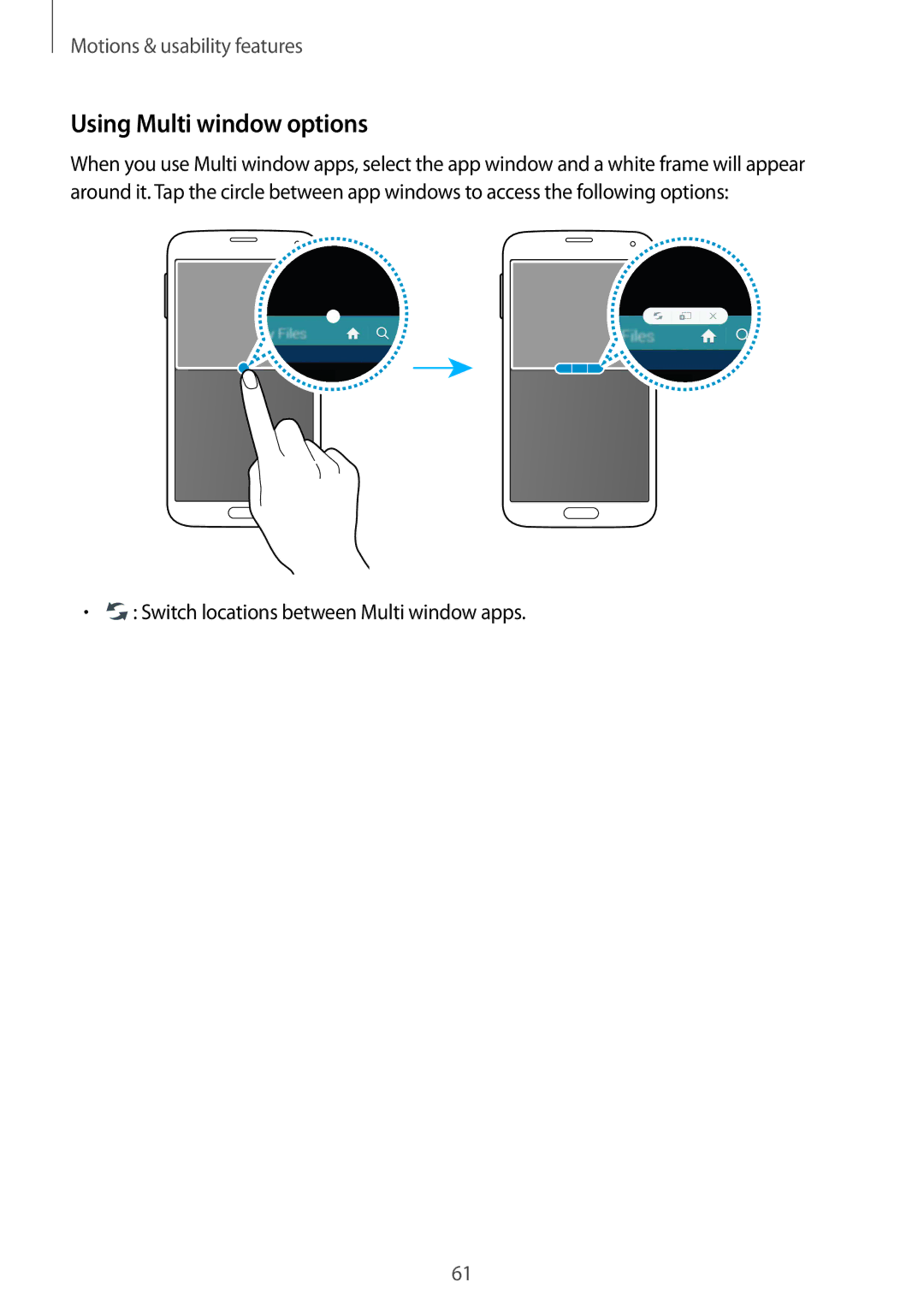 Samsung SM-G900FZBAAUT, SM-G900FZKADBT manual Using Multi window options, Switch locations between Multi window apps 