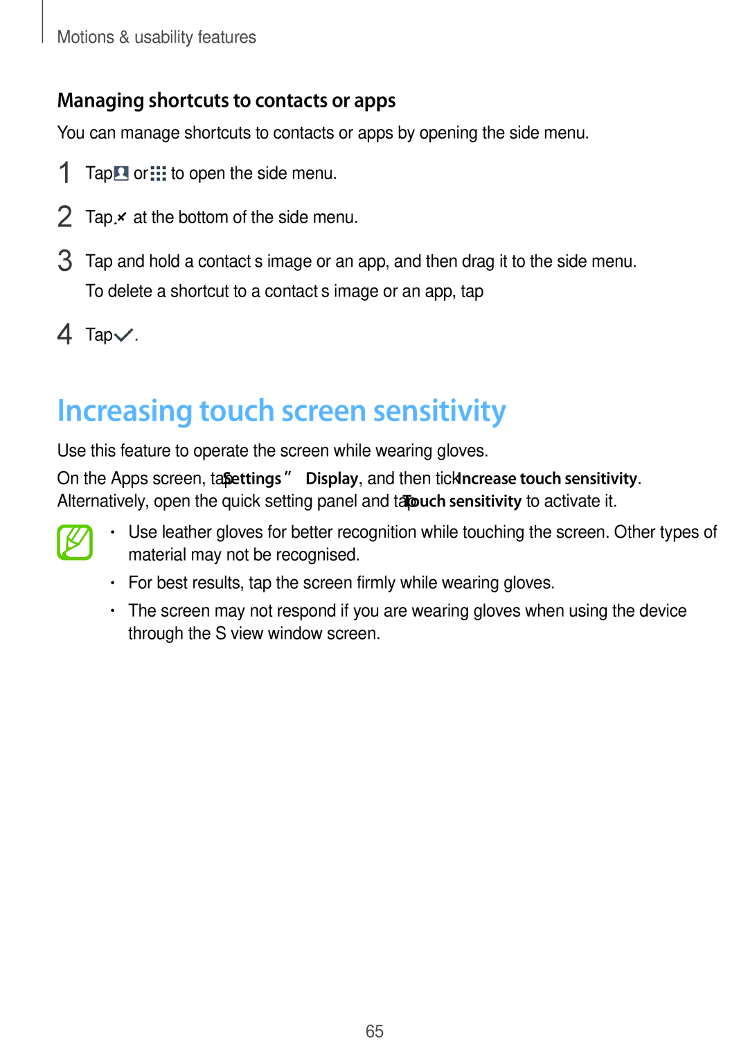 Samsung SM-G900FZDAOMN, SM-G900FZKADBT manual Increasing touch screen sensitivity, Managing shortcuts to contacts or apps 