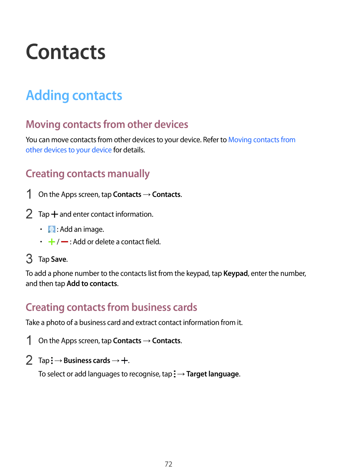 Samsung SM-G900FZBATPL Contacts, Adding contacts, Moving contacts from other devices, Creating contacts manually 