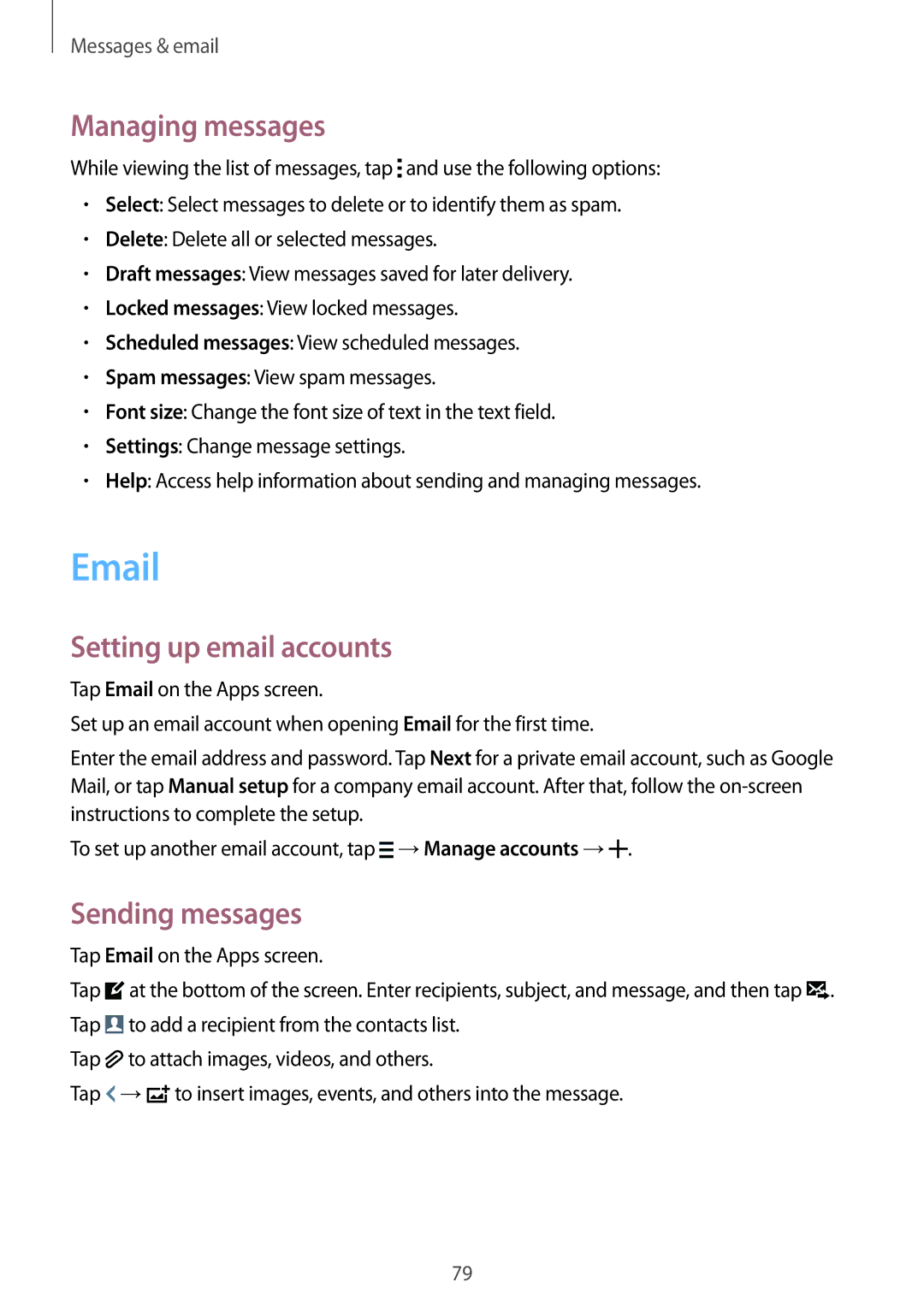 Samsung SM-G900FZWAPLS, SM-G900FZKADBT, SM-G900FZBADBT, SM-G900FZWADBT manual Managing messages, Setting up email accounts 