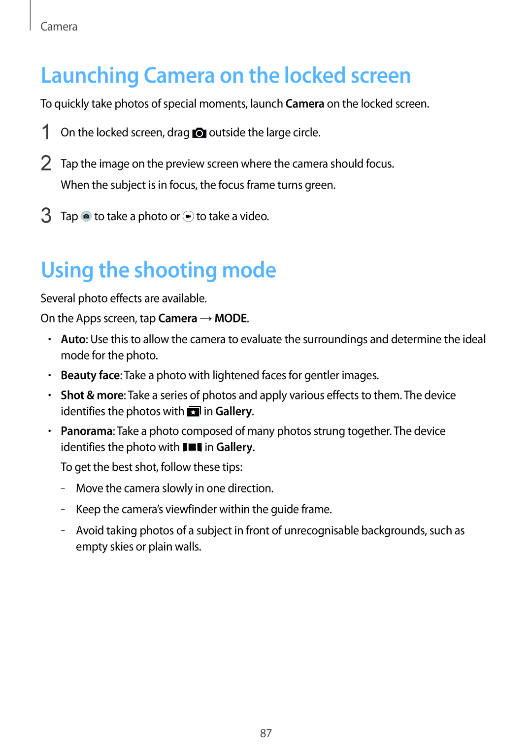 Samsung SM-G900FZKABTU, SM-G900FZKADBT, SM-G900FZBADBT manual Launching Camera on the locked screen, Using the shooting mode 