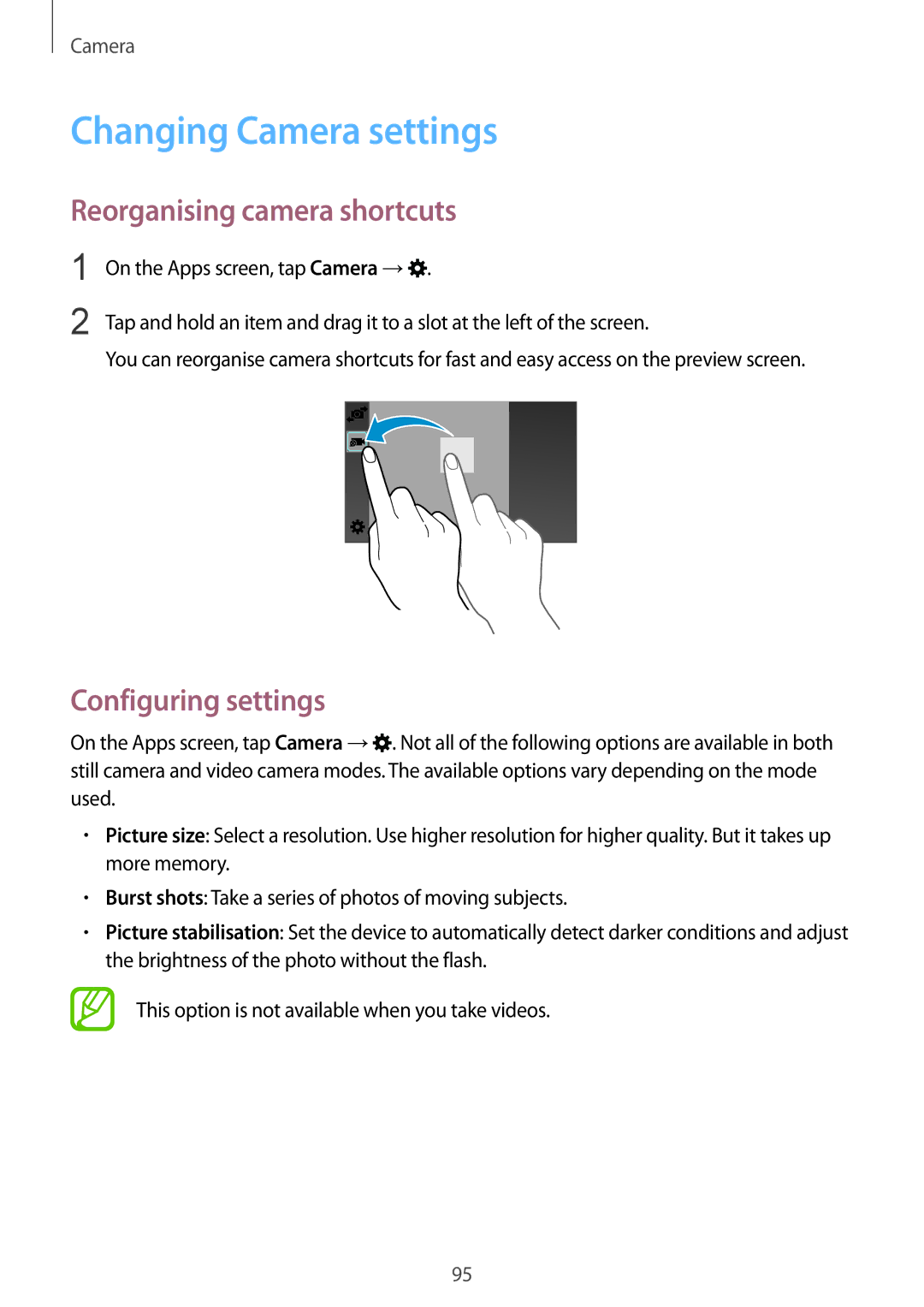 Samsung SM-G900FZDANEE, SM-G900FZKADBT manual Changing Camera settings, Reorganising camera shortcuts, Configuring settings 