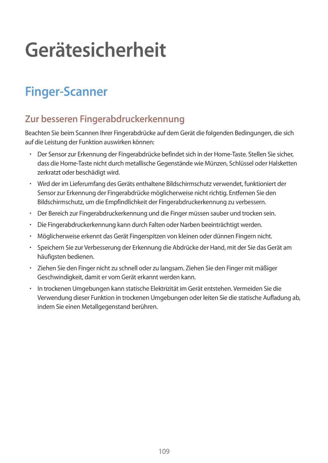 Samsung SM-G900FZBADBT, SM-G900FZKADBT manual Gerätesicherheit, Finger-Scanner, Zur besseren Fingerabdruckerkennung 