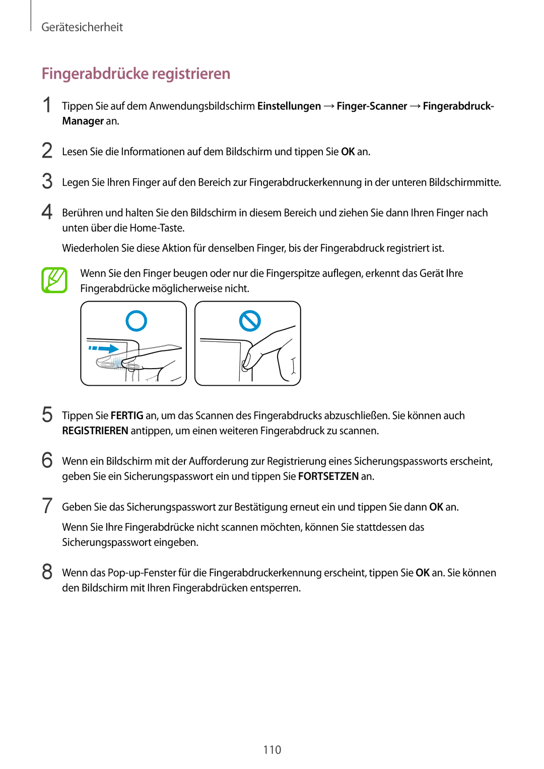 Samsung SM-G900FZWADBT, SM-G900FZKADBT, SM-G900FZBADBT manual Fingerabdrücke registrieren, Sicherungspasswort eingeben 