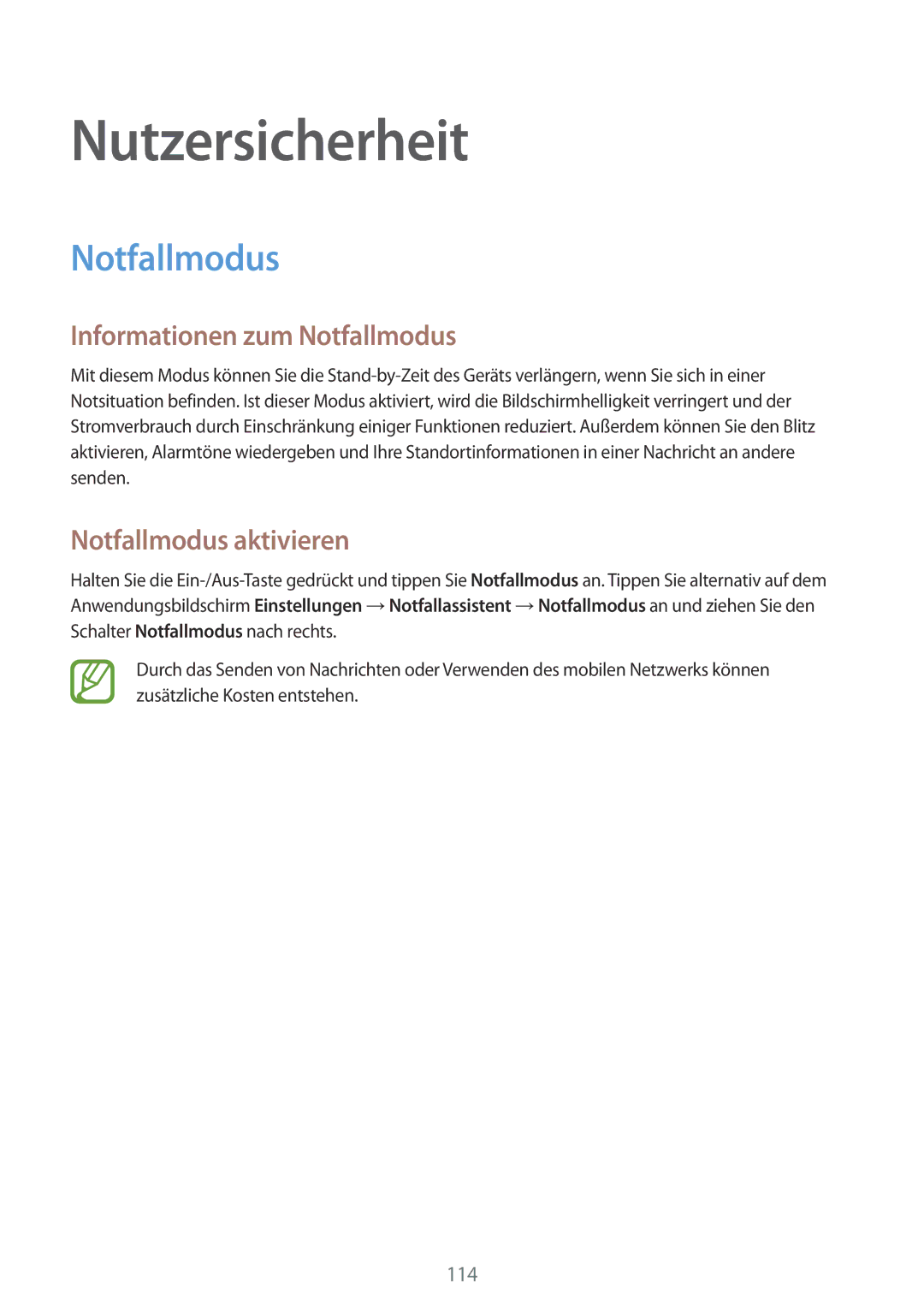 Samsung SM-G900FZWADBT, SM-G900FZKADBT manual Nutzersicherheit, Informationen zum Notfallmodus, Notfallmodus aktivieren 