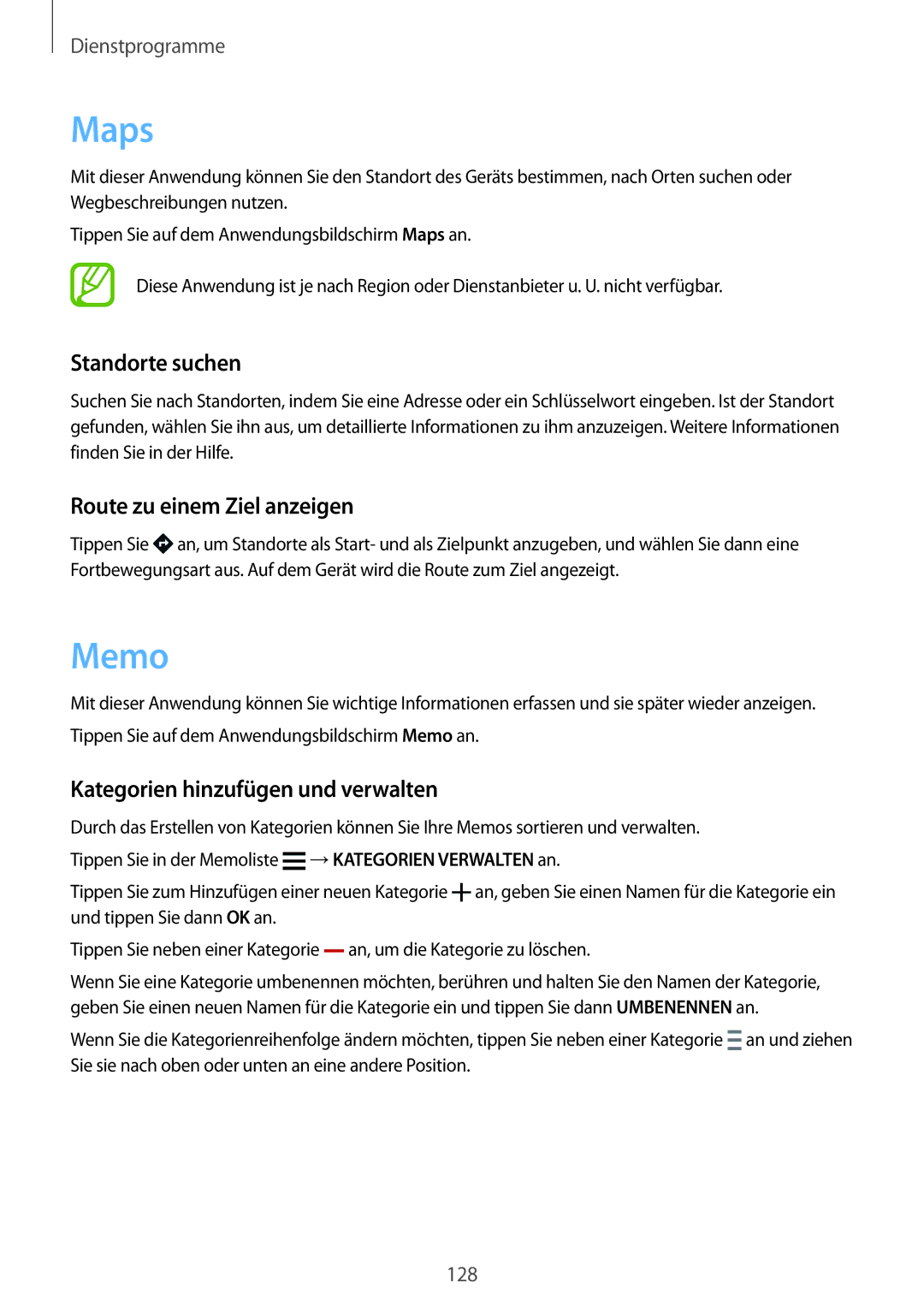 Samsung SM-G900FZKADBT Maps, Memo, Standorte suchen, Route zu einem Ziel anzeigen, Kategorien hinzufügen und verwalten 