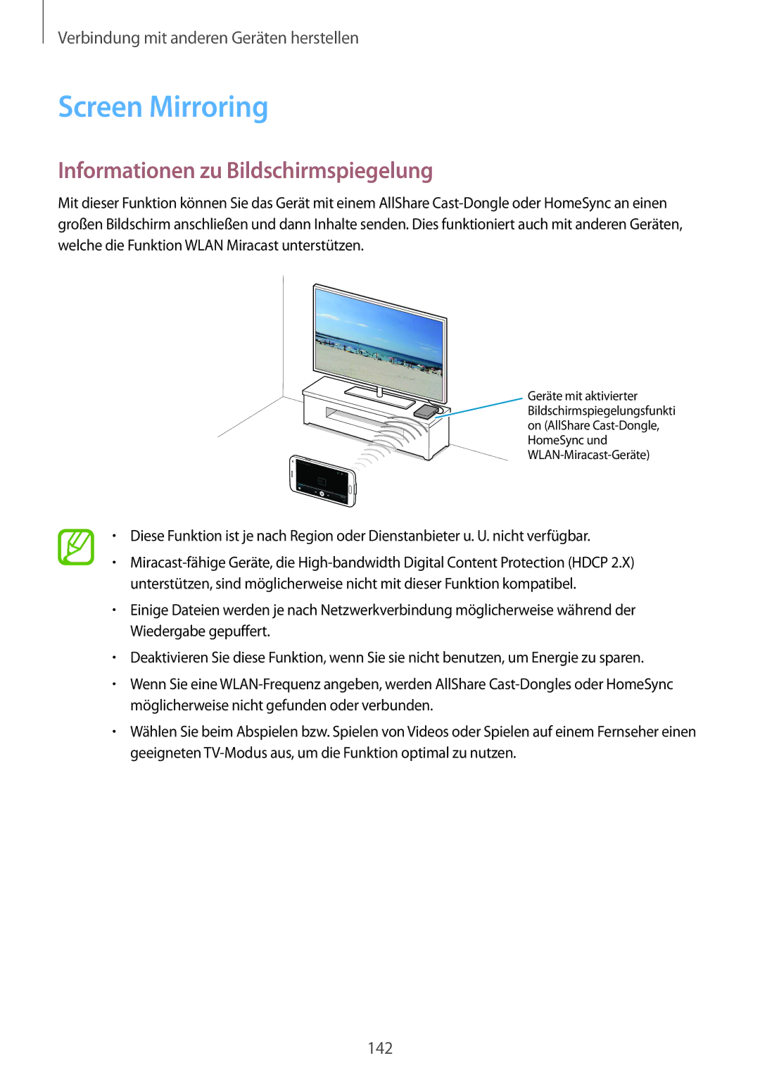 Samsung SM-G900FZWADBT, SM-G900FZKADBT, SM-G900FZBADBT manual Screen Mirroring, Informationen zu Bildschirmspiegelung 