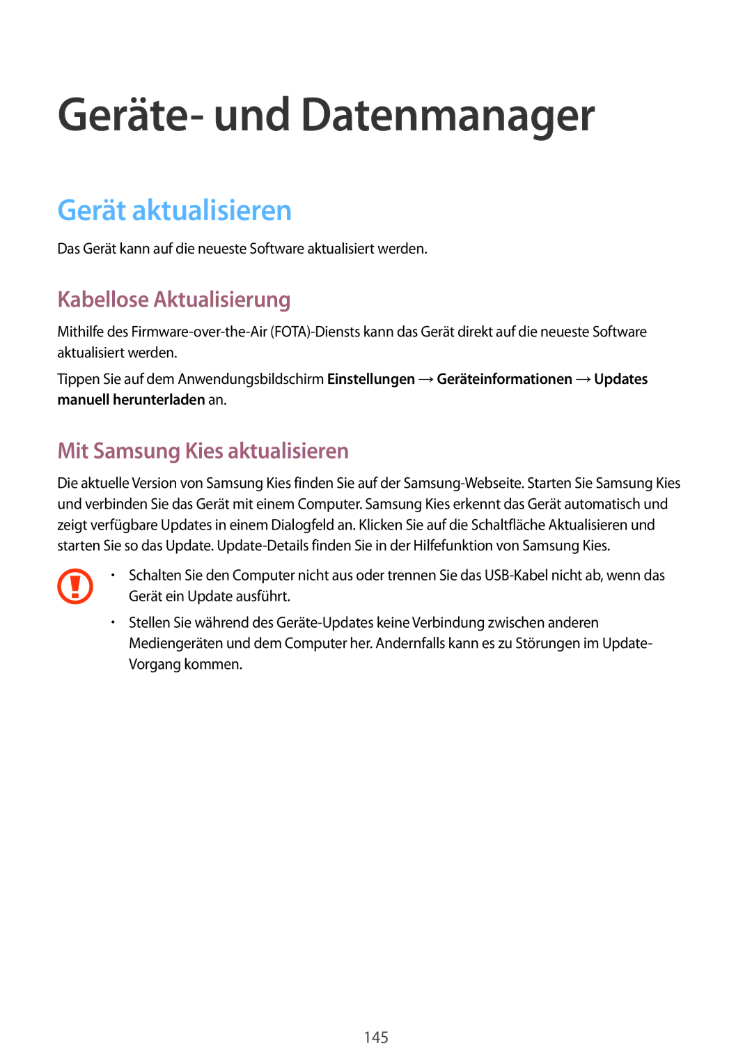 Samsung SM-G900FZBADBT, SM-G900FZKADBT manual Geräte- und Datenmanager, Gerät aktualisieren, Kabellose Aktualisierung 