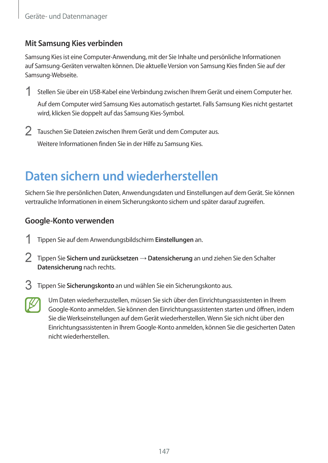 Samsung SM-G900FZDADBT manual Daten sichern und wiederherstellen, Mit Samsung Kies verbinden, Google-Konto verwenden 