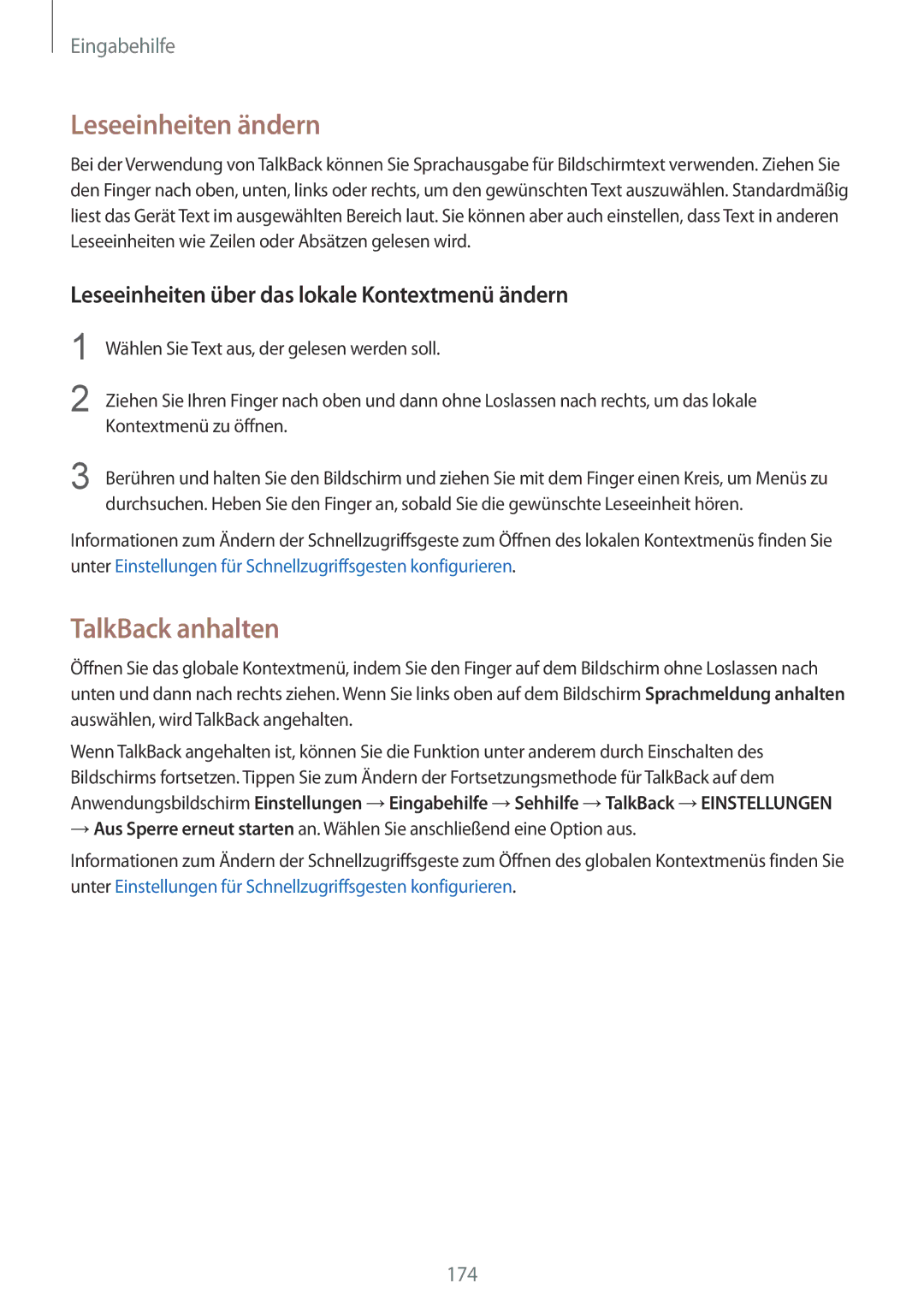 Samsung SM-G900FZWADBT manual Leseeinheiten ändern, TalkBack anhalten, Leseeinheiten über das lokale Kontextmenü ändern 