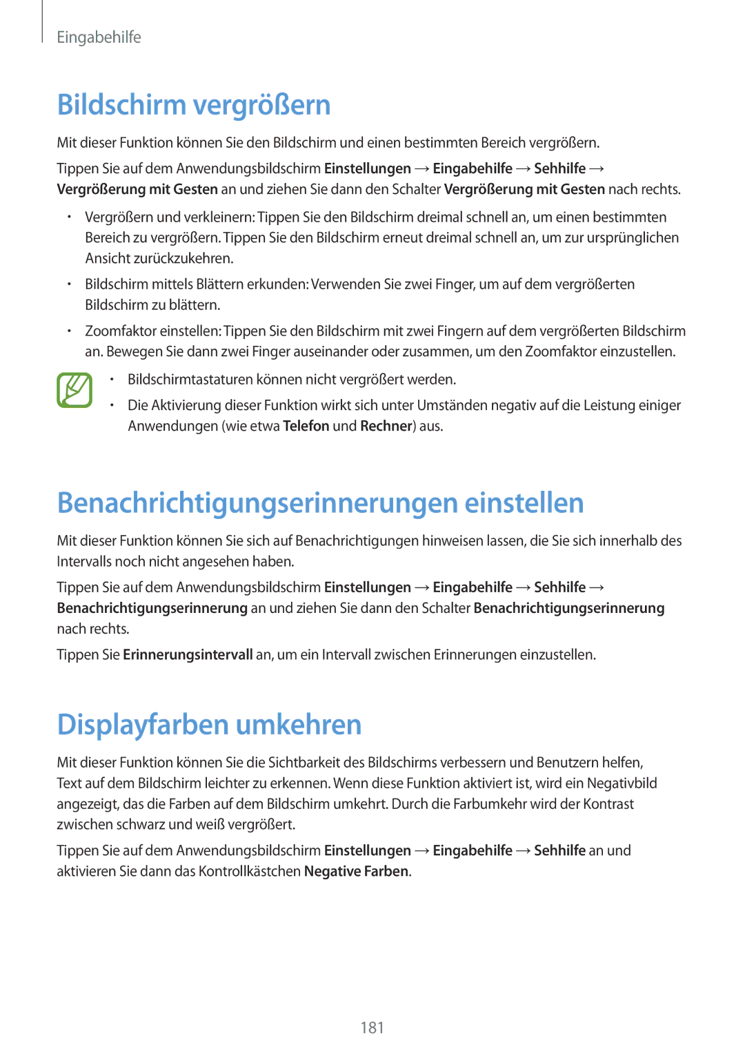 Samsung SM-G900FZBADBT manual Bildschirm vergrößern, Benachrichtigungserinnerungen einstellen, Displayfarben umkehren 