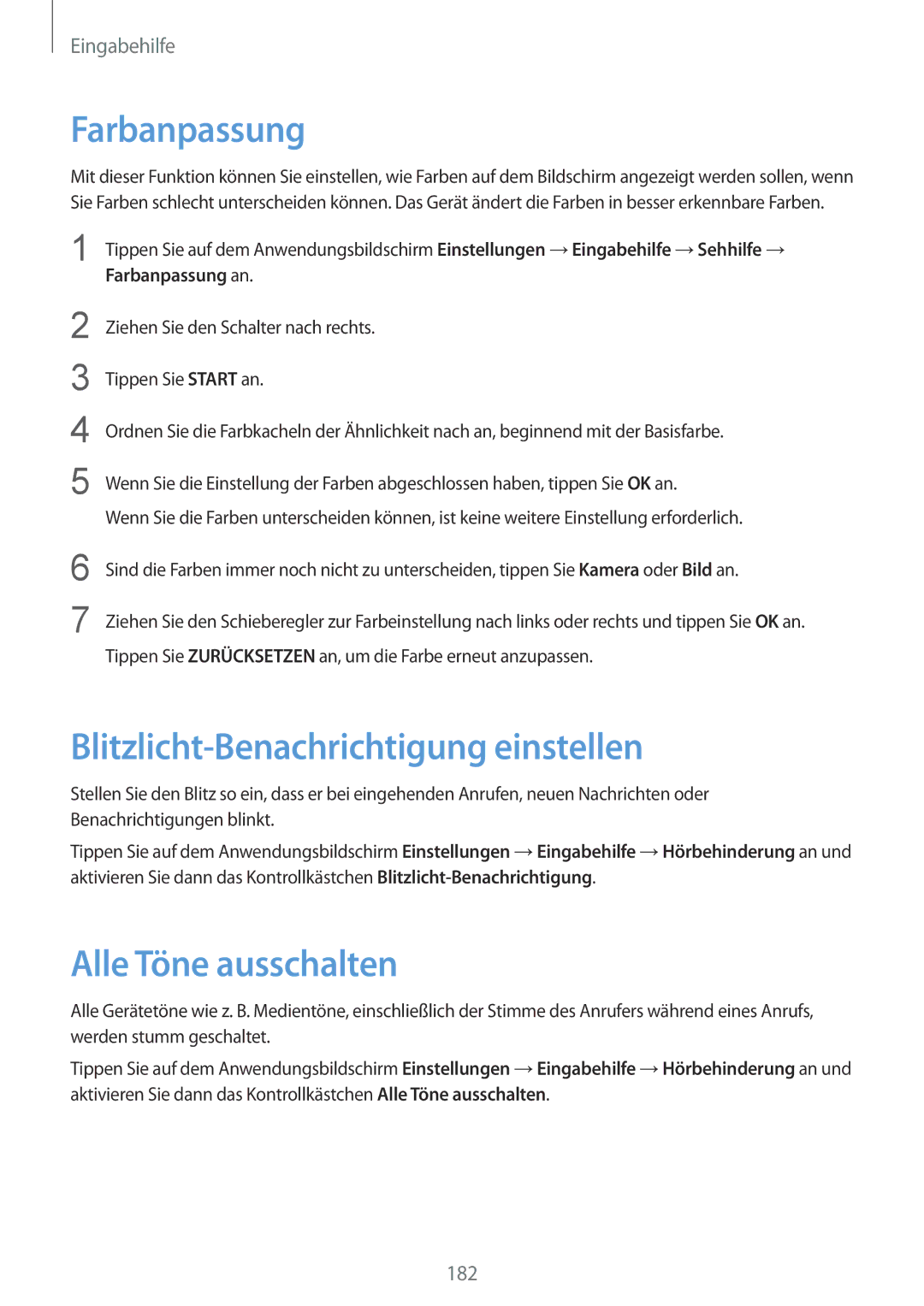 Samsung SM-G900FZWADBT, SM-G900FZKADBT manual Farbanpassung, Blitzlicht-Benachrichtigung einstellen, Alle Töne ausschalten 