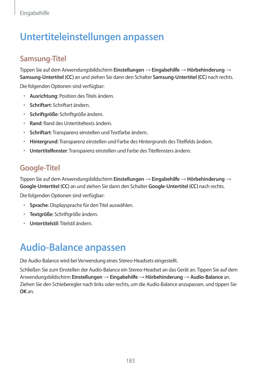 Samsung SM-G900FZDADBT manual Untertiteleinstellungen anpassen, Audio-Balance anpassen, Samsung-Titel, Google-Titel 