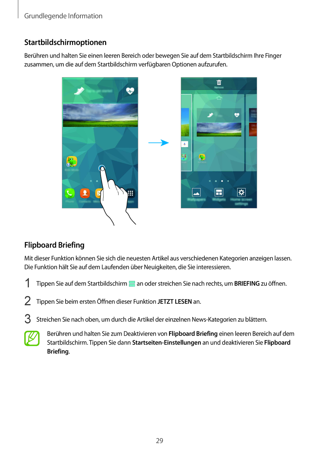 Samsung SM-G900FZBADBT, SM-G900FZKADBT, SM-G900FZWADBT, SM-G900FZDADBT manual Startbildschirmoptionen, Flipboard Briefing 