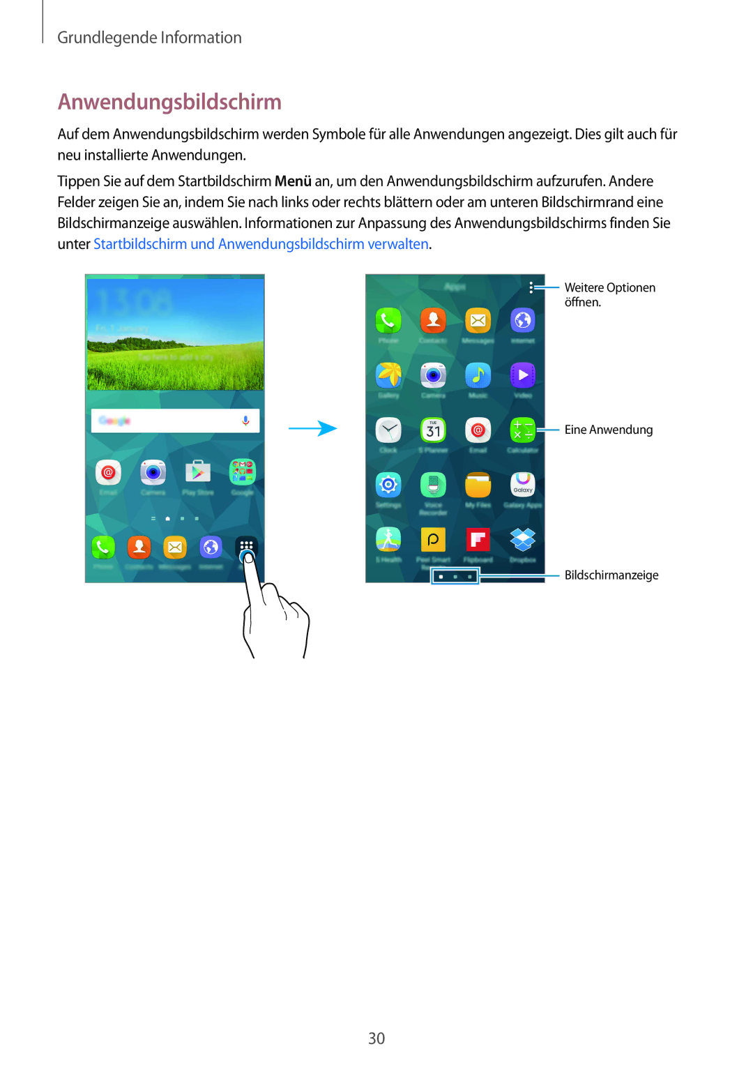 Samsung SM-G900FZWADBT, SM-G900FZKADBT, SM-G900FZBADBT, SM-G900FZDADBT manual Anwendungsbildschirm 