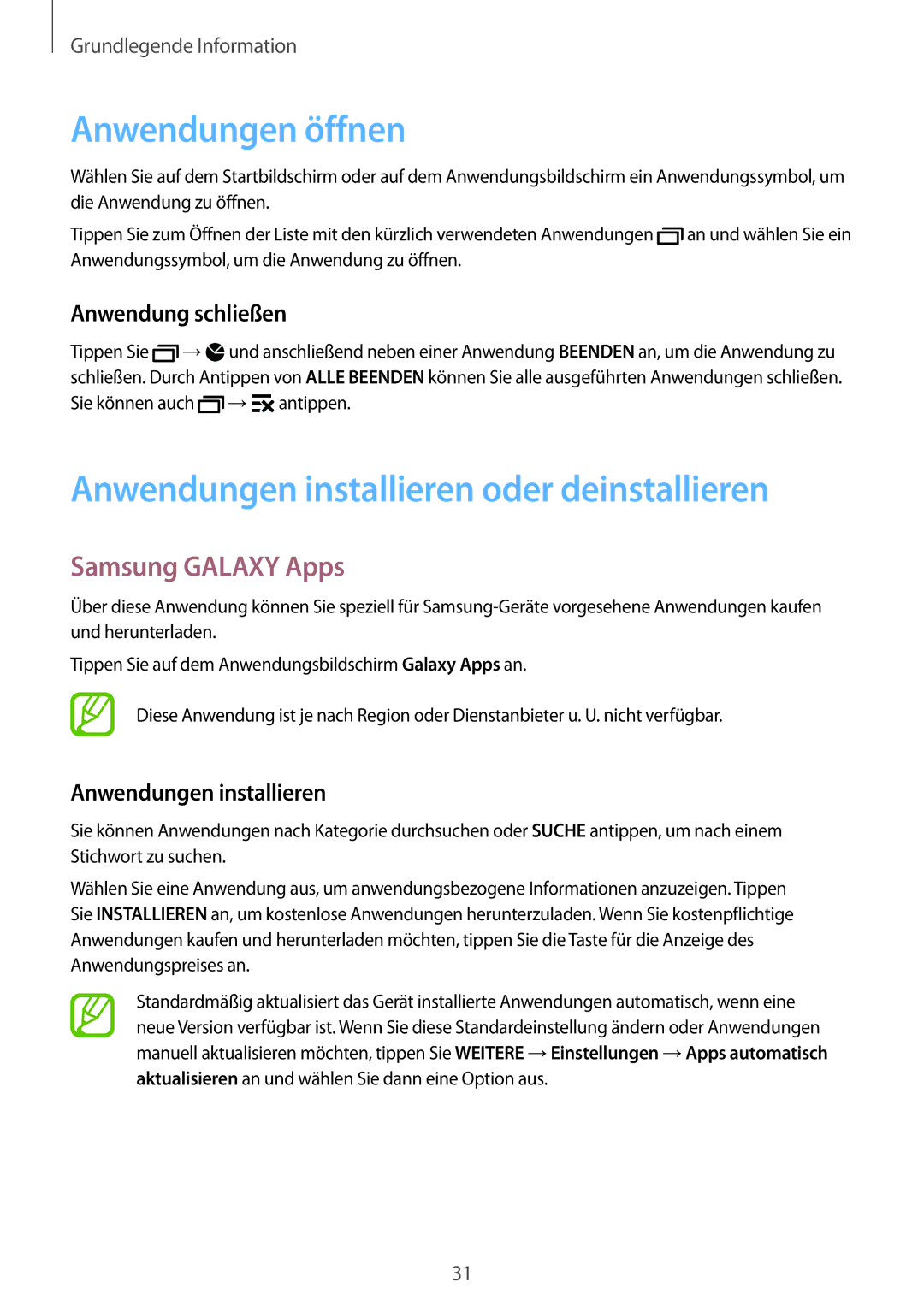 Samsung SM-G900FZDADBT manual Anwendungen öffnen, Anwendungen installieren oder deinstallieren, Samsung Galaxy Apps 