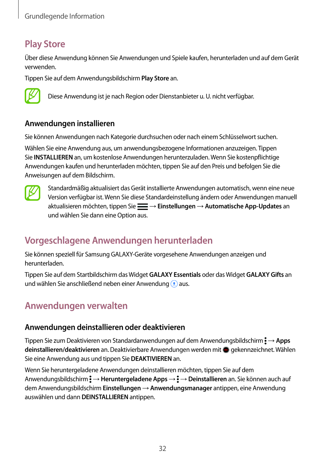 Samsung SM-G900FZKADBT, SM-G900FZBADBT manual Play Store, Vorgeschlagene Anwendungen herunterladen, Anwendungen verwalten 