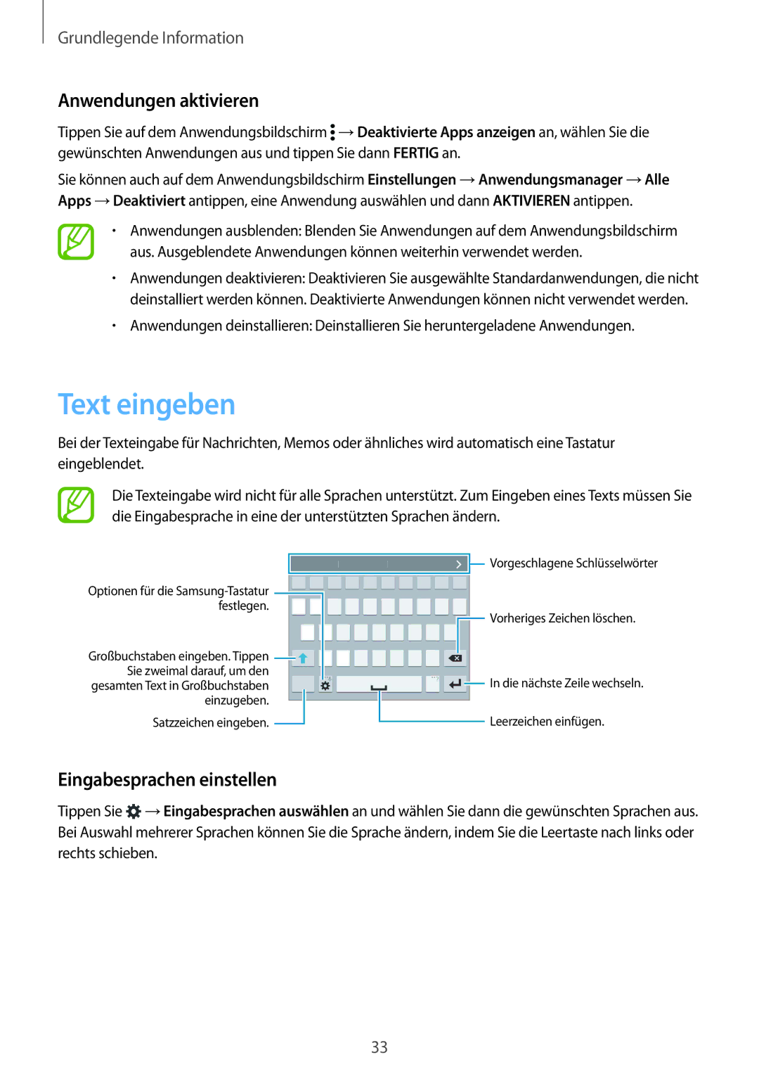 Samsung SM-G900FZBADBT, SM-G900FZKADBT, SM-G900FZWADBT Text eingeben, Anwendungen aktivieren, Eingabesprachen einstellen 