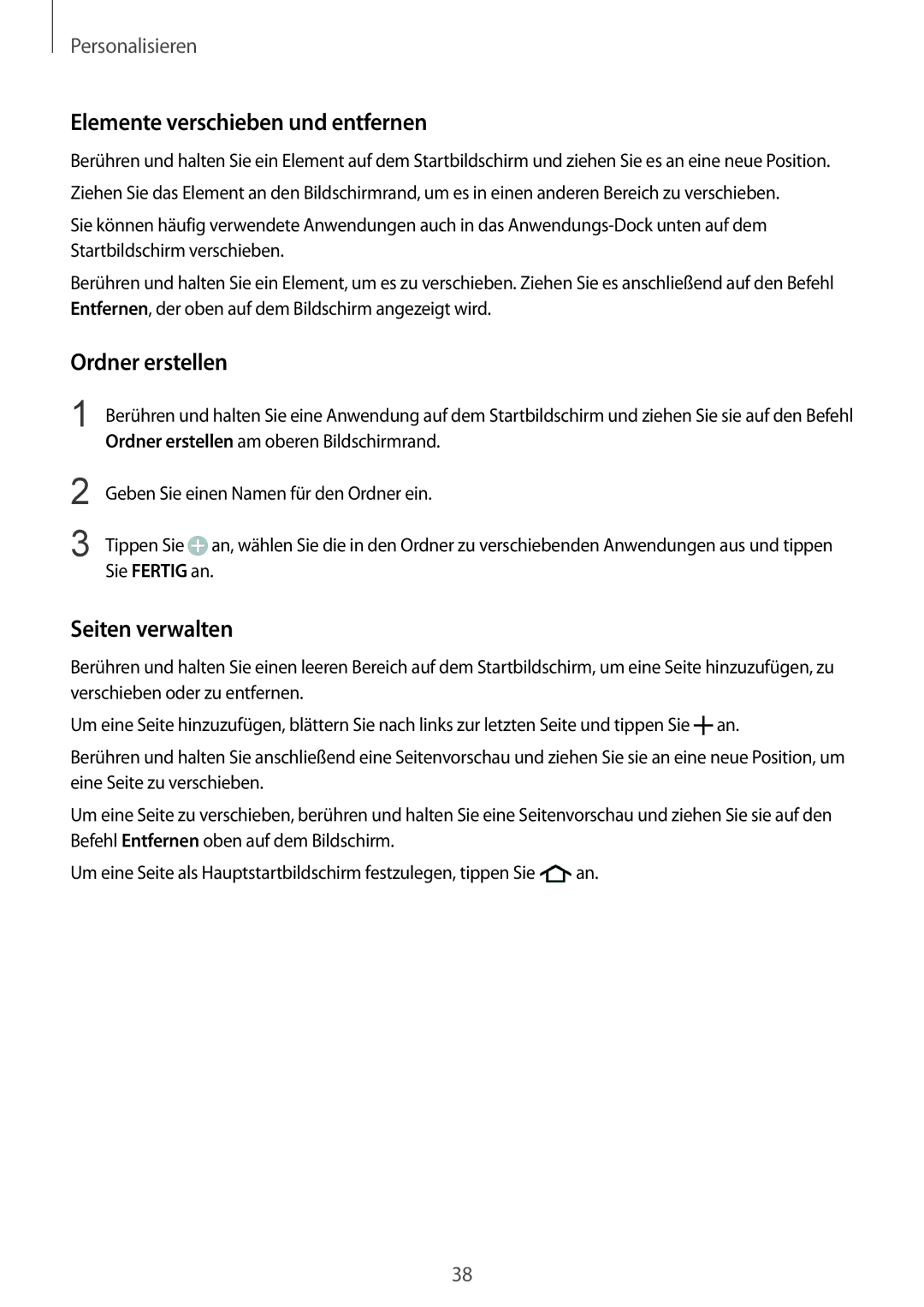 Samsung SM-G900FZWADBT, SM-G900FZKADBT manual Elemente verschieben und entfernen, Ordner erstellen, Seiten verwalten 