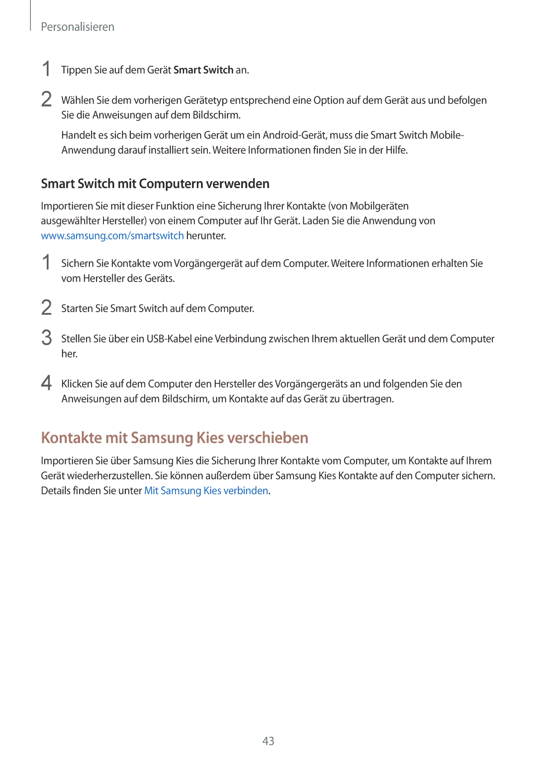 Samsung SM-G900FZDADBT, SM-G900FZKADBT manual Kontakte mit Samsung Kies verschieben, Smart Switch mit Computern verwenden 