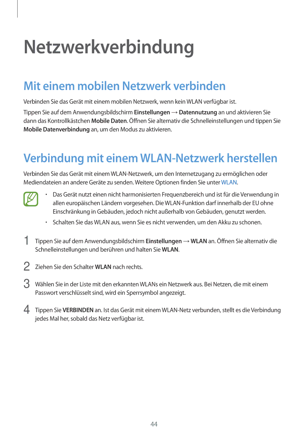 Samsung SM-G900FZKADBT, SM-G900FZBADBT, SM-G900FZWADBT manual Netzwerkverbindung, Mit einem mobilen Netzwerk verbinden 