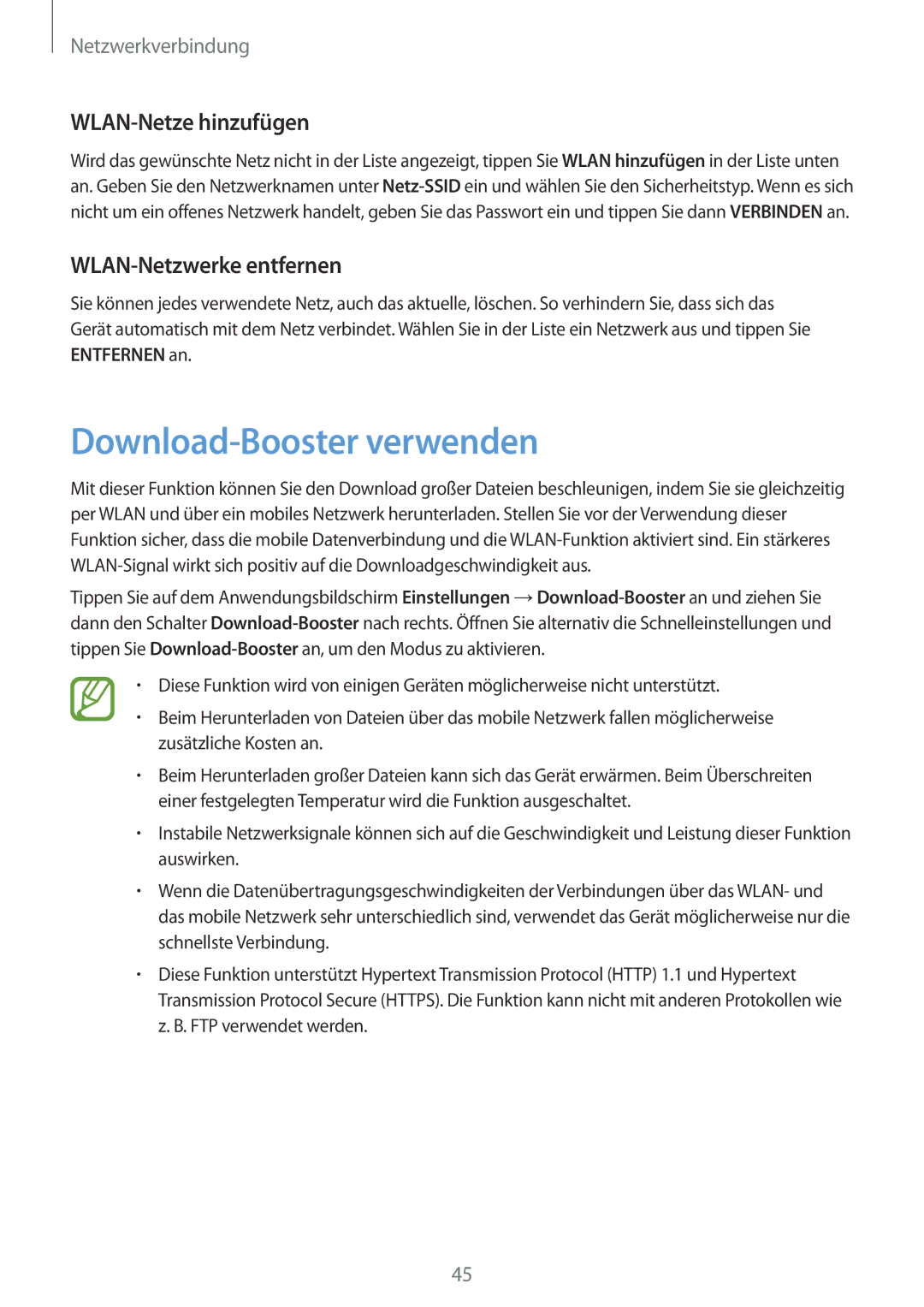 Samsung SM-G900FZBADBT, SM-G900FZKADBT manual Download-Booster verwenden, WLAN-Netze hinzufügen, WLAN-Netzwerke entfernen 