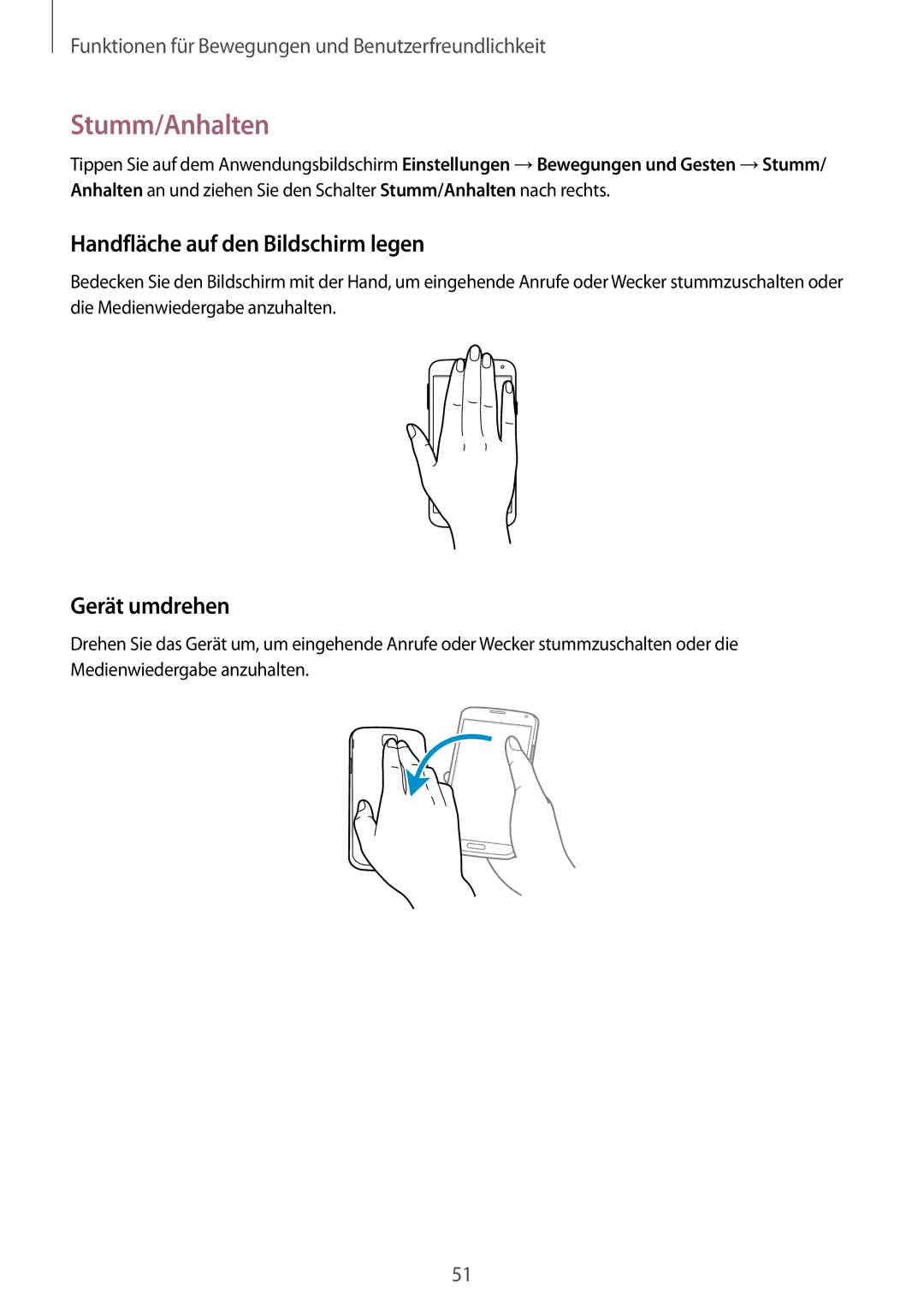 Samsung SM-G900FZDADBT, SM-G900FZKADBT, SM-G900FZBADBT Stumm/Anhalten, Handfläche auf den Bildschirm legen, Gerät umdrehen 