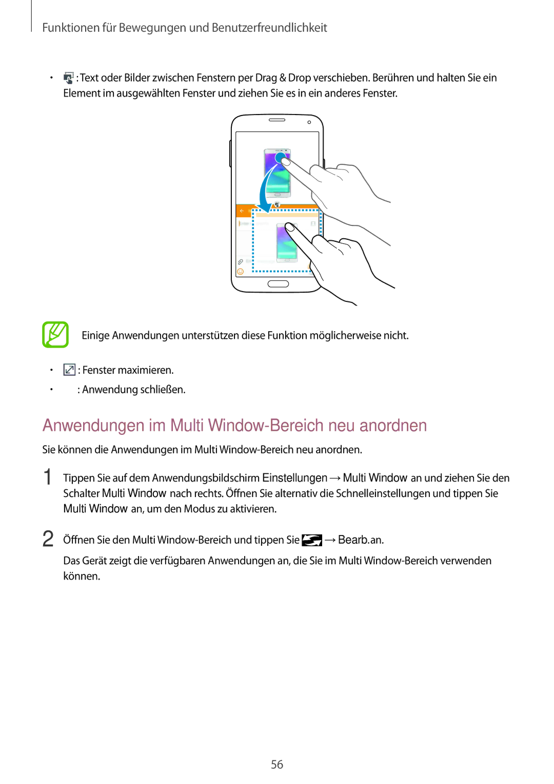 Samsung SM-G900FZKADBT, SM-G900FZBADBT, SM-G900FZWADBT, SM-G900FZDADBT manual Anwendungen im Multi Window-Bereich neu anordnen 